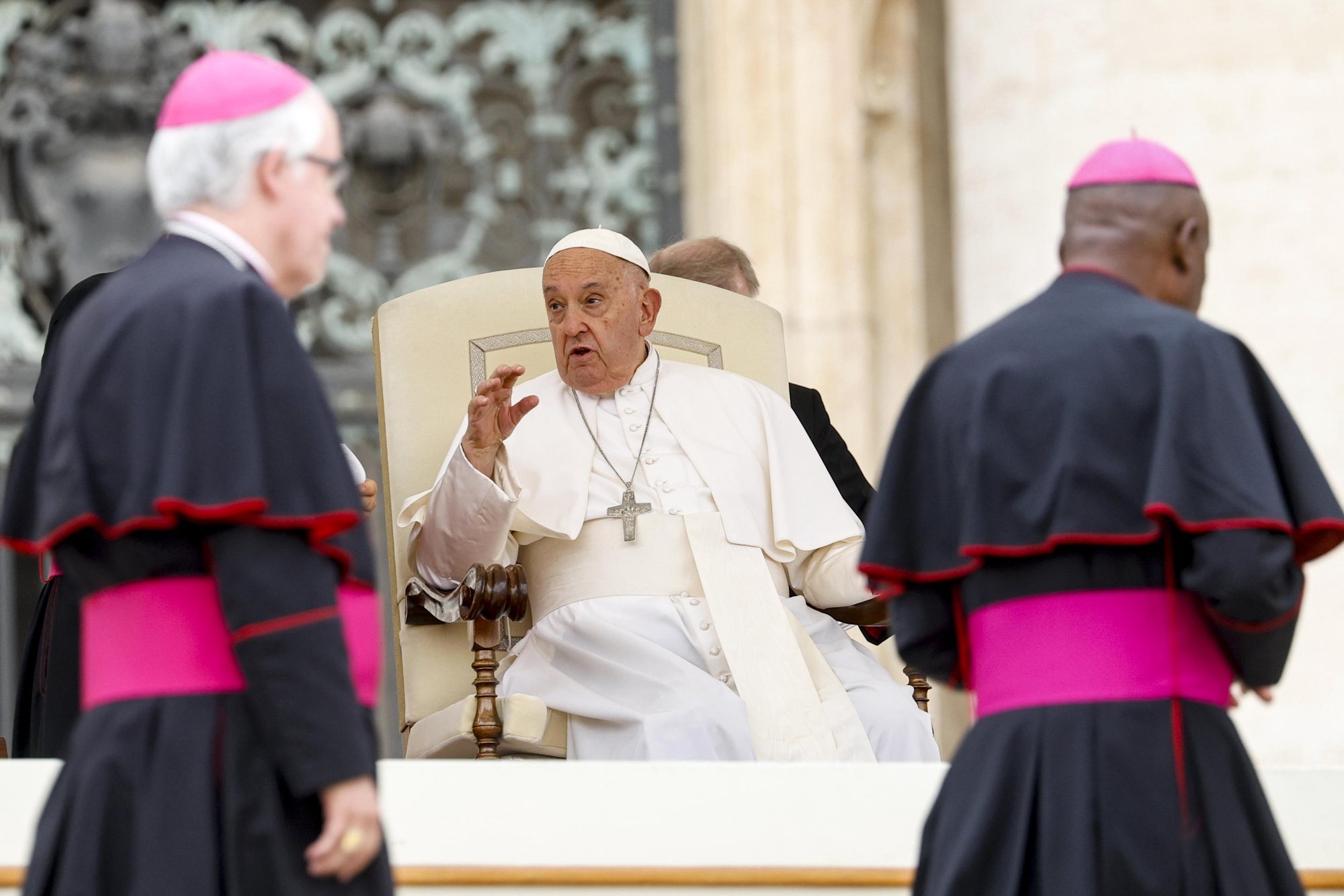 epa11421635 Pope Francis leads the weekly general audience in Saint Peter&#039;s Square, Vatican City, 19 June 2024.  EPA/FABIO FRUSTACI