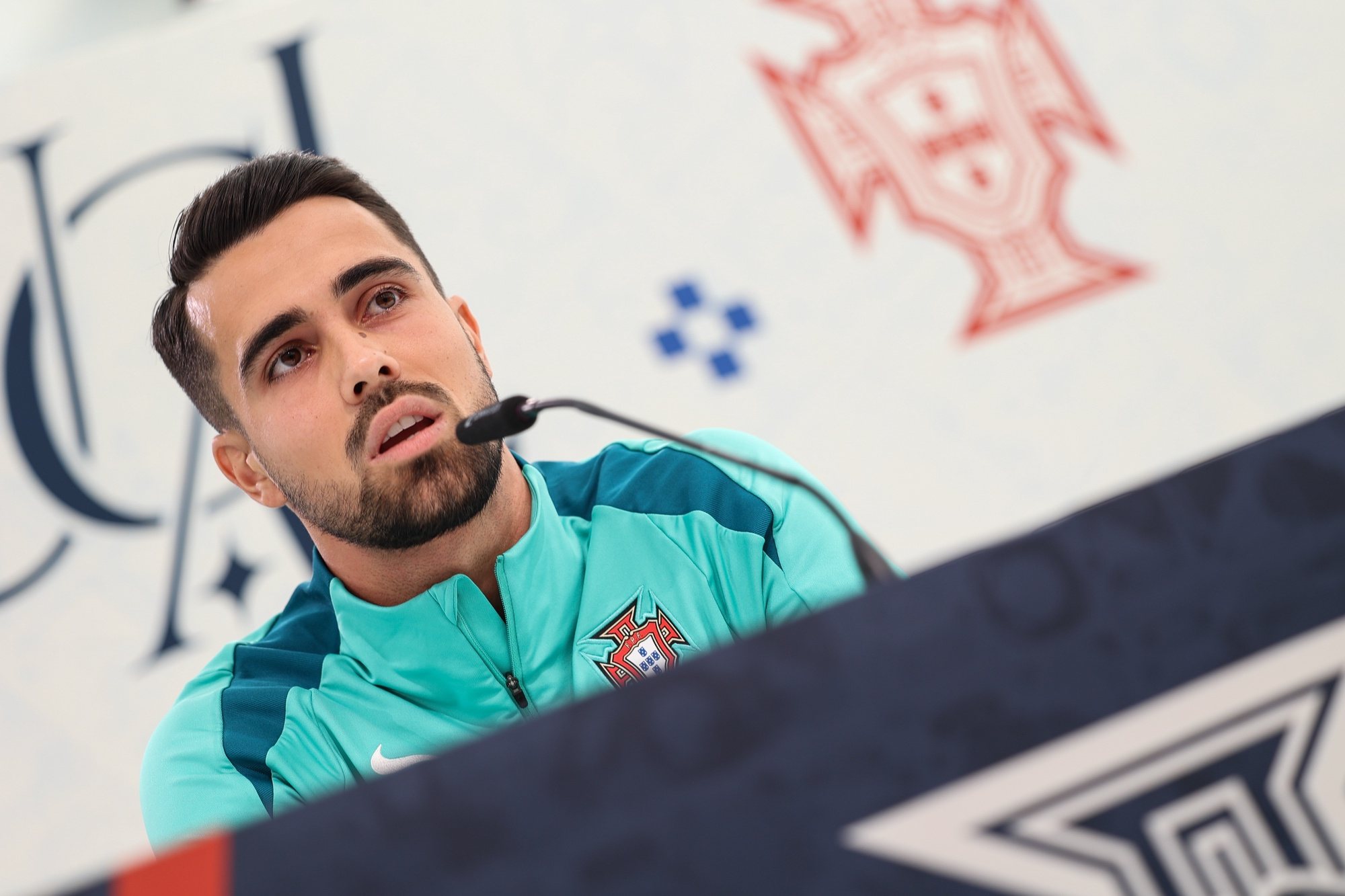 Portugal national soccer team goalkeeper Diogo Costa attends a Portugal press conference in Marienfeld, Harsewinkel, Germany, 24 June 2024. The Portuguese national soccer team is based in Marienfeld, Harsewinkel during the UEFA EURO 2024. MIGUEL A. LOPES/LUSA