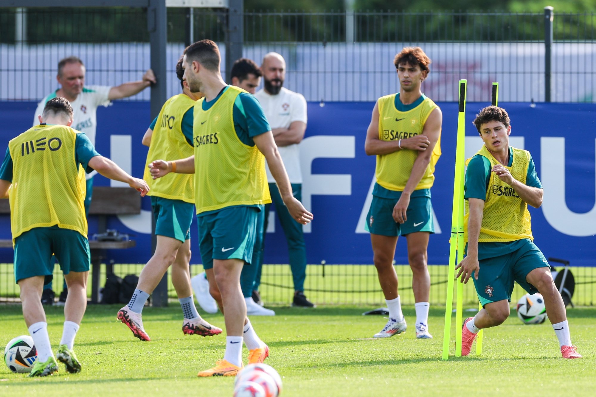 Portugal national soccer team player Joao Neves (R) during a training session in Marienfeld, Harsewinkel, Germany, 24 June 2024. The Portuguese national soccer team is based in Marienfeld, Harsewinkel during the UEFA EURO 2024. MIGUEL A. LOPES/LUSA