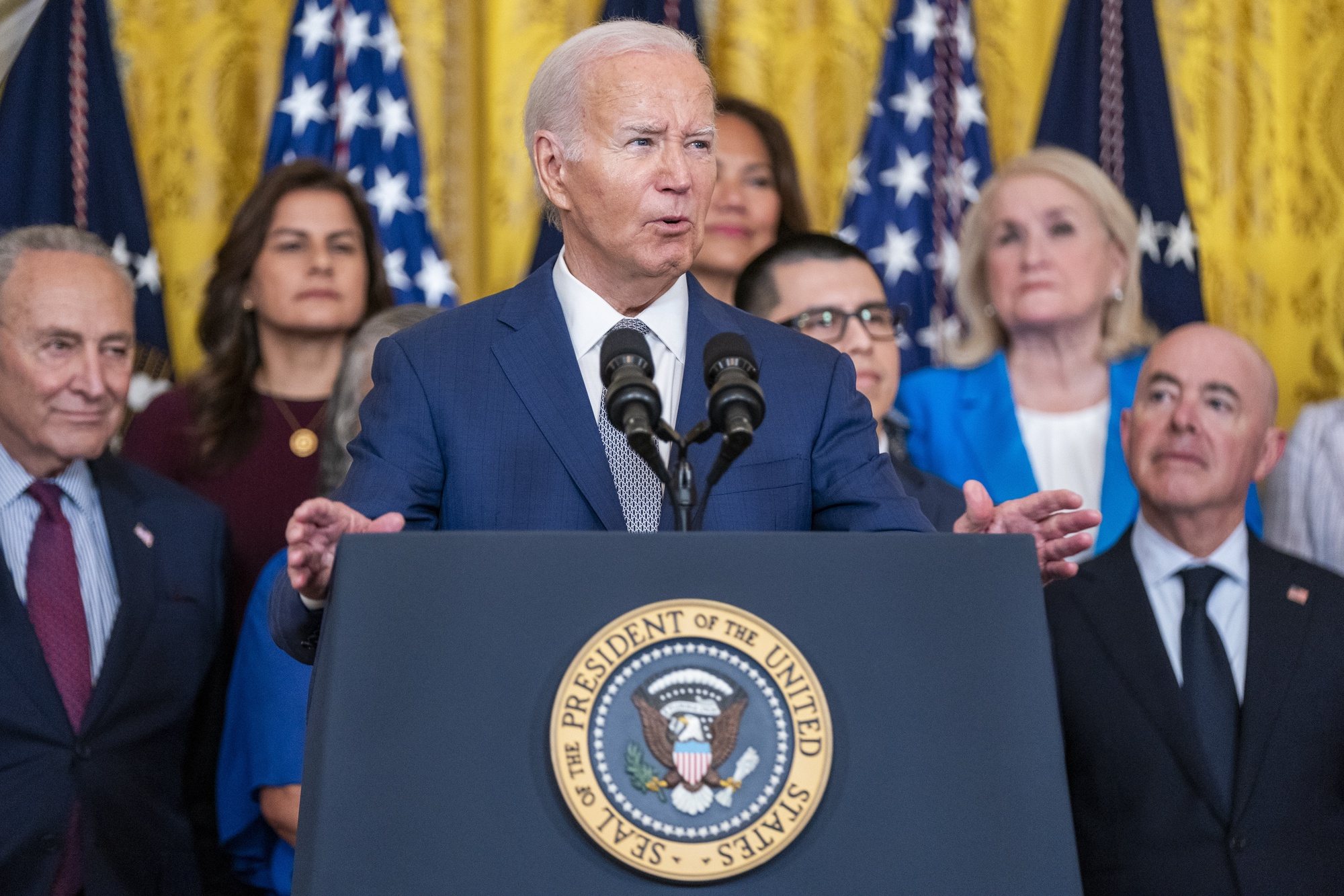 epa11421023 US President Joe Biden delivers remarks during the Deferred Action for Childhood Arrivals (DACA) 12th Anniversary event in the East room of the White House in Washington, DC, USA, 18 June 2024. President Biden announced his administration&#039;s program allowing undocumented immigrants married to US citizens to apply for legal residency.  EPA/SHAWN THEW / POOL