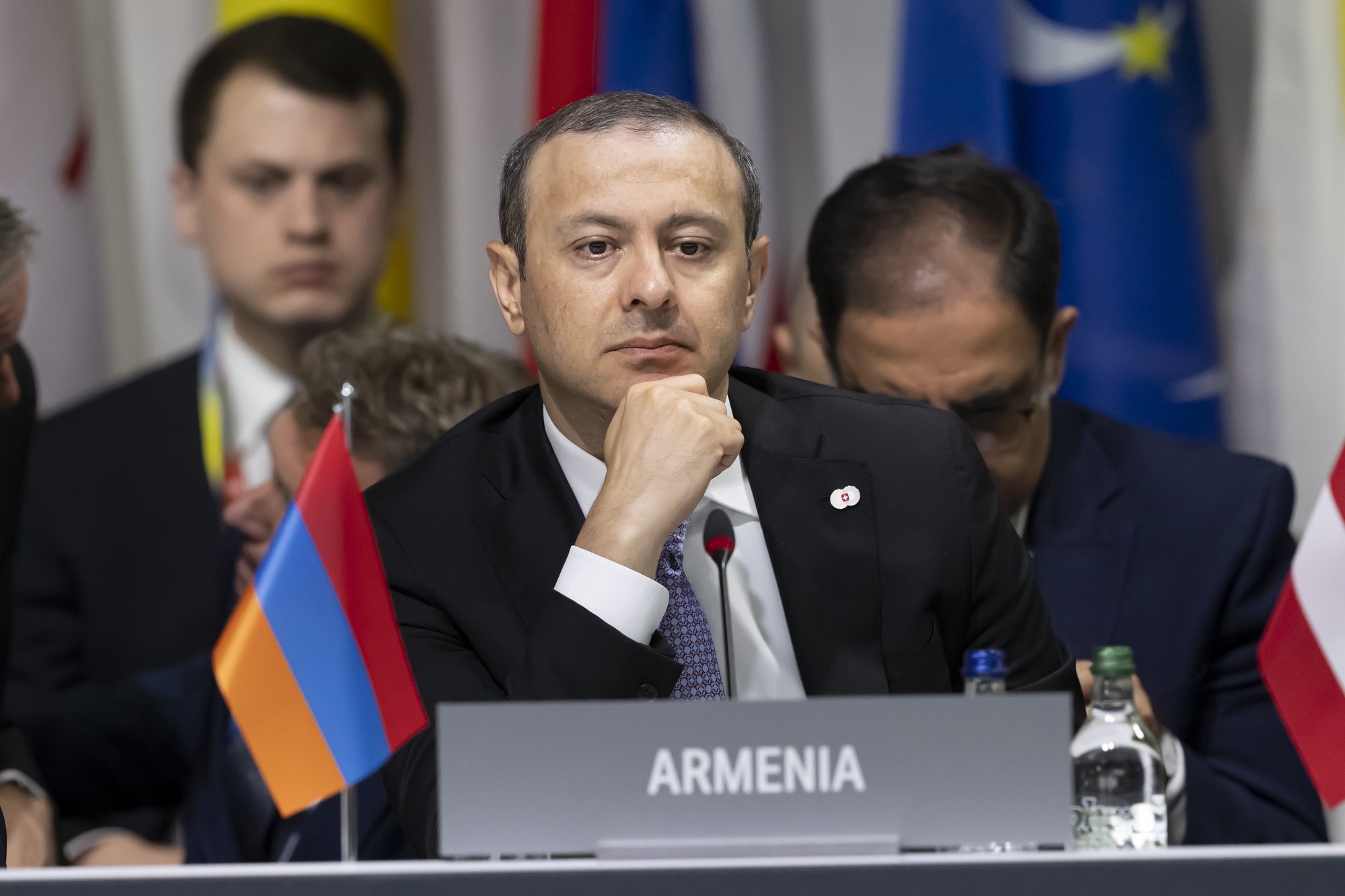 epa11414796 Secretary of Security Council of Armenia Armen Grigoryan attends the plenary session during the Summit on peace in Ukraine in Stansstad near Lucerne, Switzerland, 16 June 2024. International heads of state gather on 15 and 16 June at the Buergenstock Resort in central Switzerland for the two-day Summit on Peace in Ukraine.  EPA/ALESSANDRO DELLA VALLE / POOL EDITORIAL USE ONLY