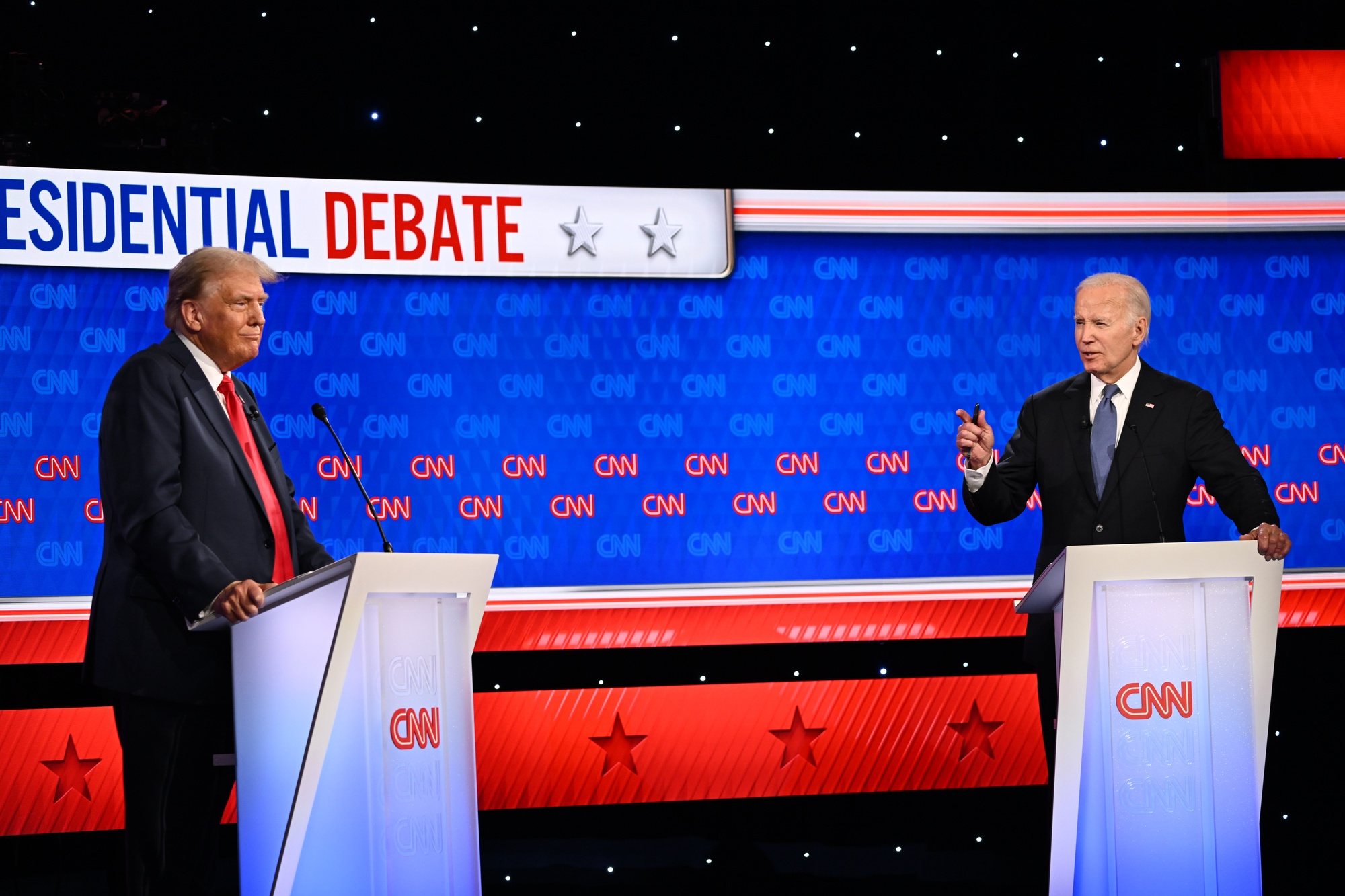 epaselect epa11442527 US President Joe Biden (R) and former US President Donald J. Trump (L) participate in the first 2024 presidential election debate, at Georgia Institute of Technology’s McCamish Pavilion in Atlanta, Georgia, USA, 27 June 2024. The first 2024 presidential election debate is hosted by CNN.  EPA/WILL LANZONI / CNN PHOTOS MANDATORY CREDIT: CNN PHOTOS / CREDIT CNN - WILL LANZONI   EDITORIAL USE ONLY  EDITORIAL USE ONLY