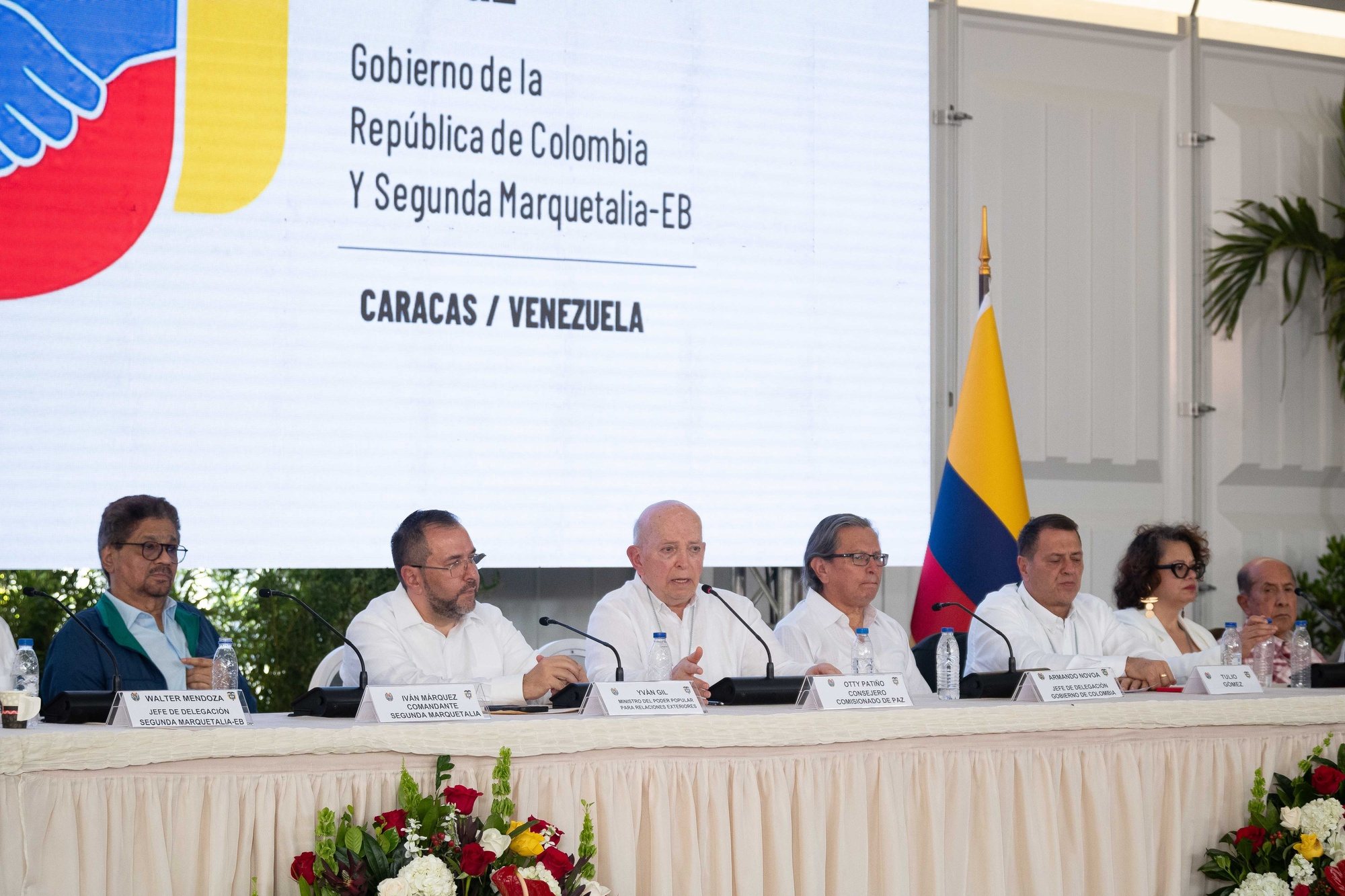 epa11435074 The peace commissioner of the Government of Colombia, Otty Patino (3-L), speaks at the installation of the first cycle of negotiations with the Segunda Marquetalia, in Caracas, Venezuela, 24 June 2024. The delegations of the Government of Colombia and the Segunda Marquetalia - a FARC dissident made up of former guerrillas who abandoned the 2016 peace agreement - &#039;formally&#039; installed the peace dialogue table of the first cycle of negotiations, which is expected to last five days, in which the de-escalation of the conflict and the conditions for peaceful coexistence, among other issues, will be addressed.  EPA/RONALD PENA R