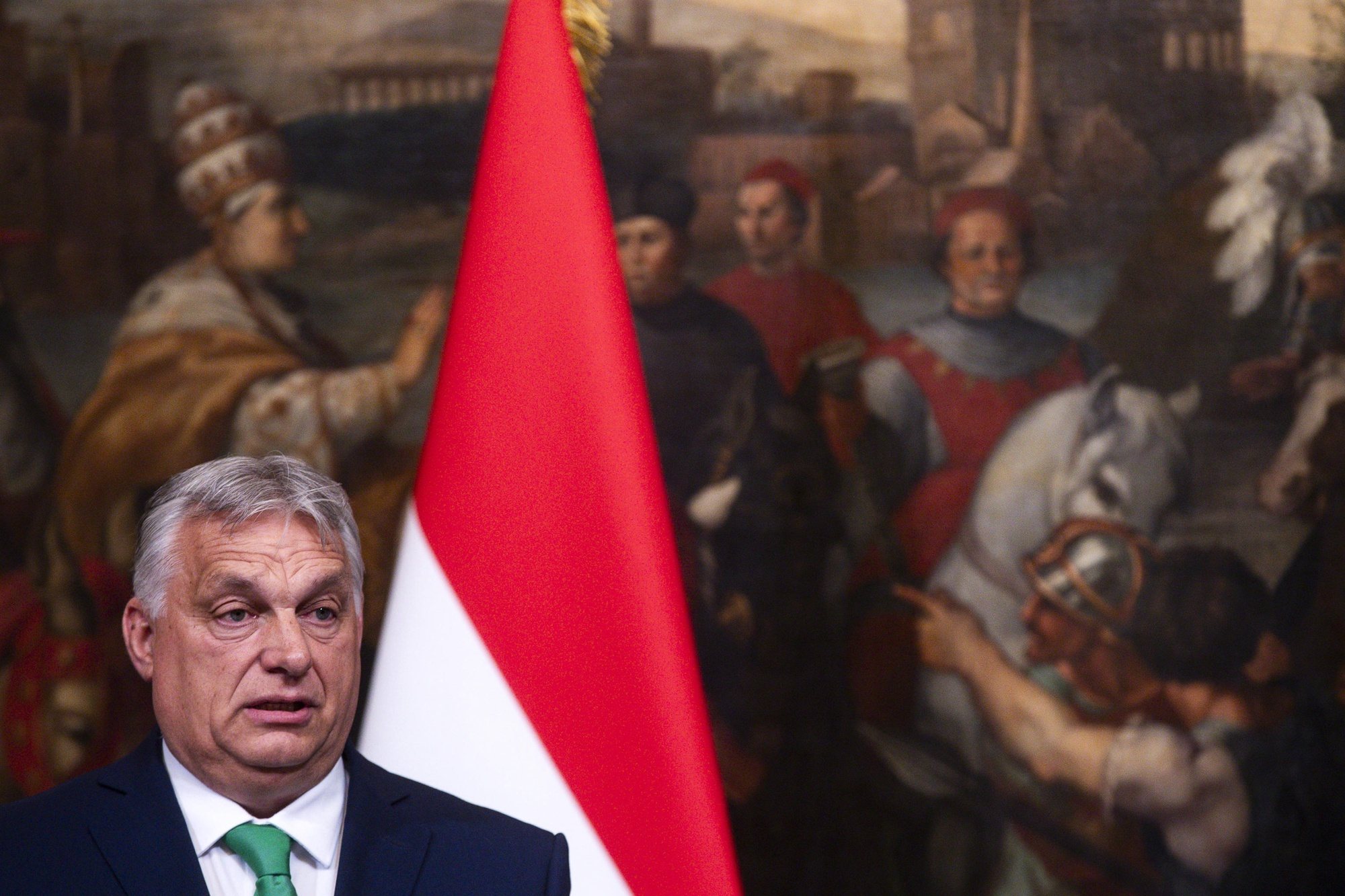 epa11435128 Hungarian Prime Minister Viktor Orban during a joint press conference with the Italian prime minister after their meeting at the Chigi Palace in Rome, Italy, 24 June 2024.  EPA/ANGELO CARCONI