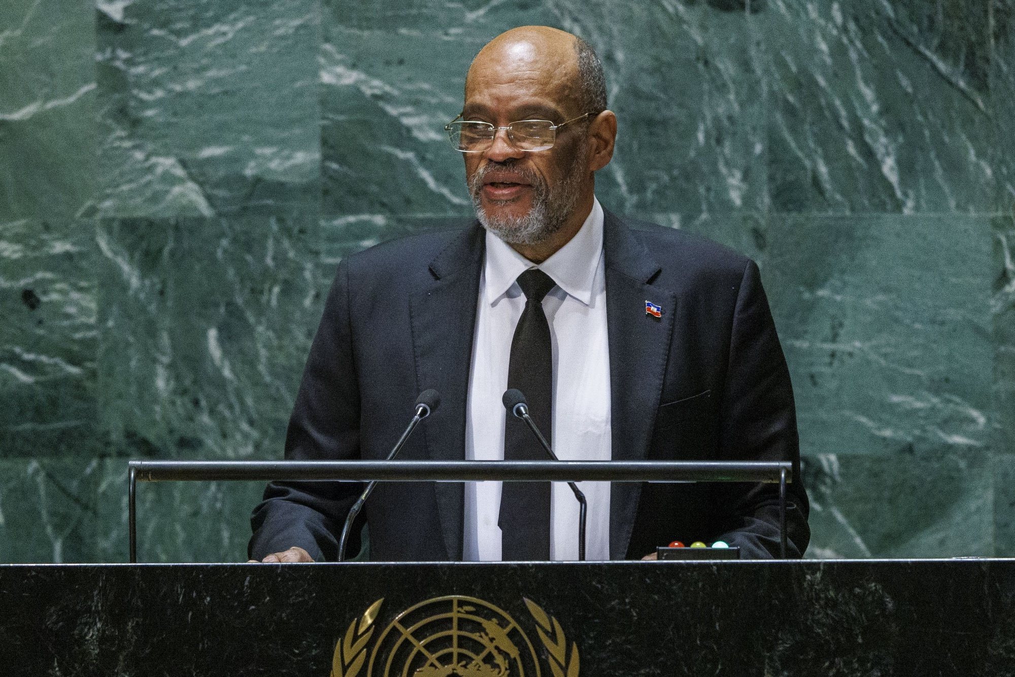 epa11215566 (FILE) - Haiti&#039;s Prime Minister Ariel Henry speaks during the 78th session of the United Nations General Assembly at United Nations Headquarters in New York, New York, USA, 22 September 2023 (reissued 12 March 2024). According to a statement from the Caribbean Community and Common Market (CARICOM) regional bloc, Prime Minister of Haiti Ariel Henry resigned.  EPA/SARAH YENESEL