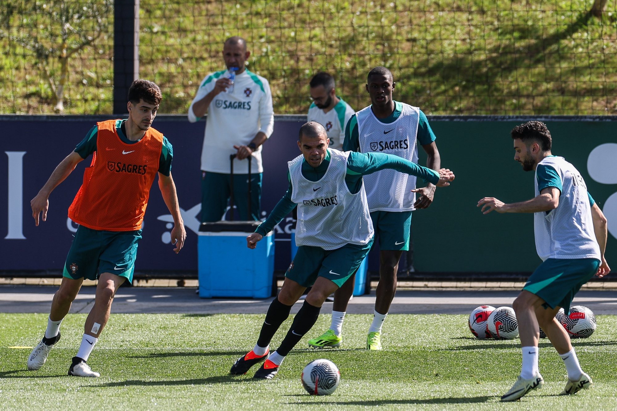 Portugal national team players Diogo Leite, Pepe and João Mario during a training session at Cidade do Futebol in Oeiras, Portugal, 20th March 2024. Portugal will play friendly matches against Sweden and Slovenia in preparation for the upcoming Euro 2024. TIAGO PETINGA/LUSA