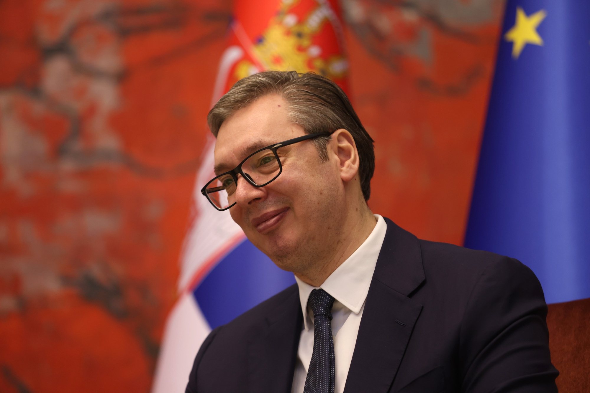 epa11222000 Serbian President Aleksandar Vucic poses for a photo during his meeting with Bavaria State Premier Markus Soeder in Belgrade, Serbia, 15 March 2024. Bavaria State Premier Soeder is visiting Serbia.  EPA/ANDREJ CUKIC