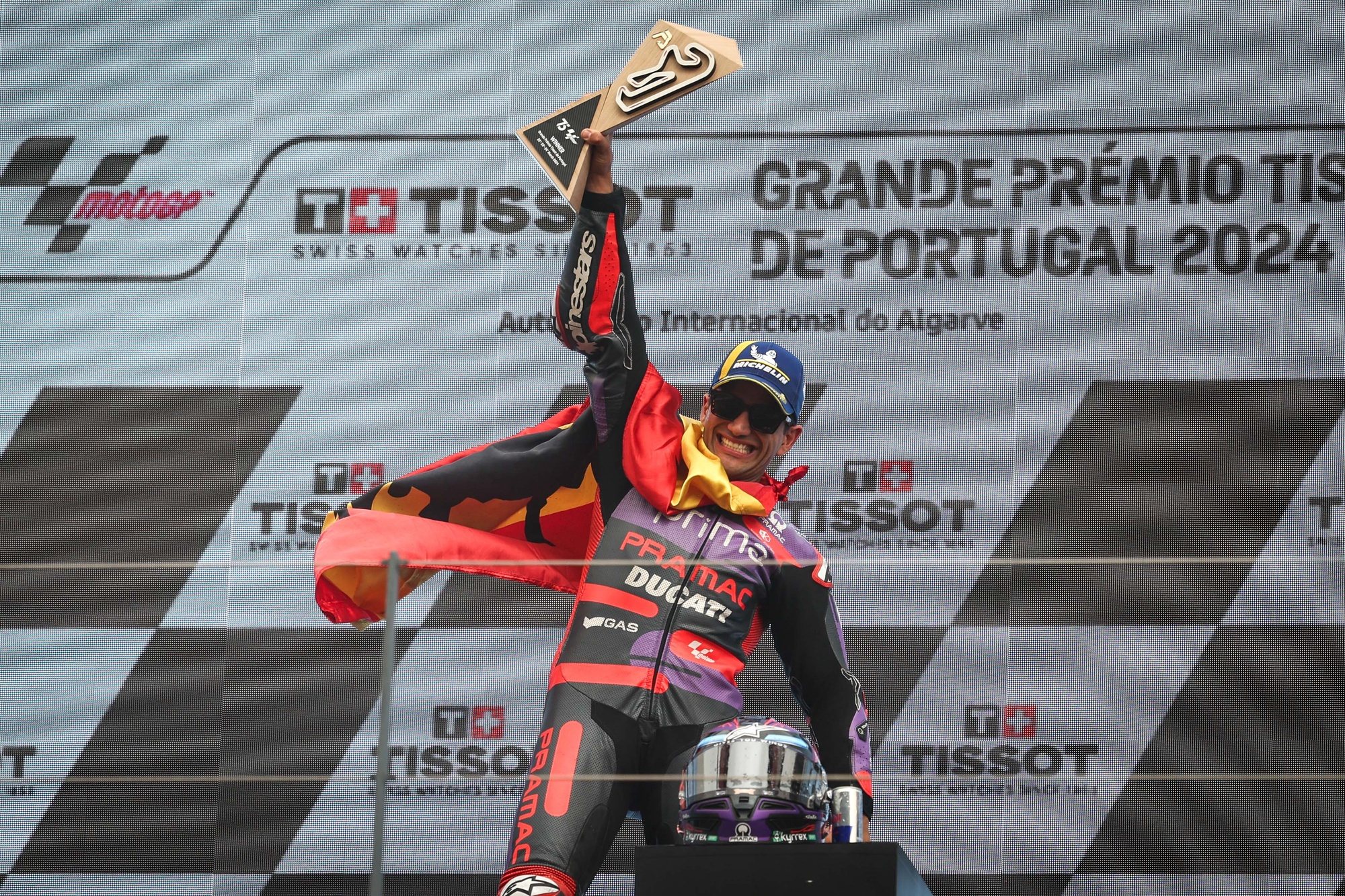 Jorge Martin of Spain and Prima Pramac Racing celebrates after winning the Moto GP Motorcycling Grand Prix of Portugal, in Portimao, Portugal, 24 March 2024. JOSE SENA GOULAO/LUSA
