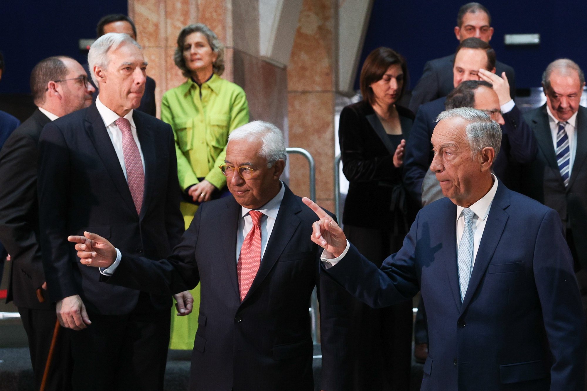 Portugal&#039;s President Marcelo Rebelo de Sousa (R) accompanied by Prime Minister Antonio Costa (C), during a family photo with the other members of the Government, during the last meeting of the Council of Ministers of the XXIII Constitutional Government, which he is chairing and which for the first time is being held in the new Government building, the former headquarters of Caixa Geral de Depósitos (CGD), in Lisbon, Portugal, 25 March 2024. The Council of Ministers of the government led by Antonio Costa is meeting for the last time today and will be chaired by the head of state, with the PRR&#039;s state of play being one of the topics on the agenda. TIAGO PETINGA/LUSA