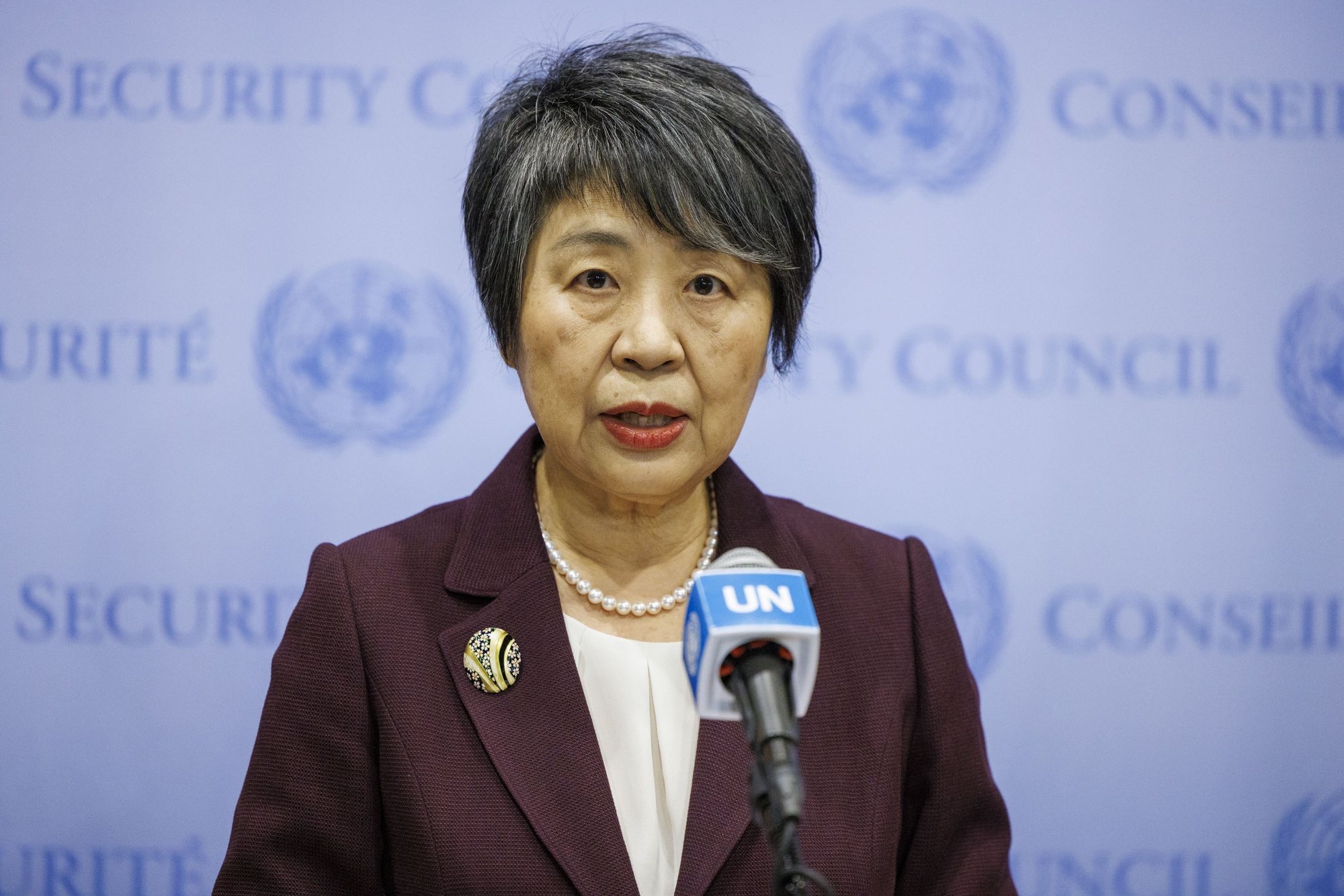 epa11228635 Japanese Foreign Minister Yoko Kamikawa speaks to the press at the United Nations Headquarters in New York, New York, USA, 18 March 2024. The Japanese Foreign Minister is visiting New York, where she chaired the Ministerial Meeting of the United Nations Security Council (UNSC) on &#039;Nuclear Disarmament and Non-Proliferation&#039;.  EPA/SARAH YENESEL