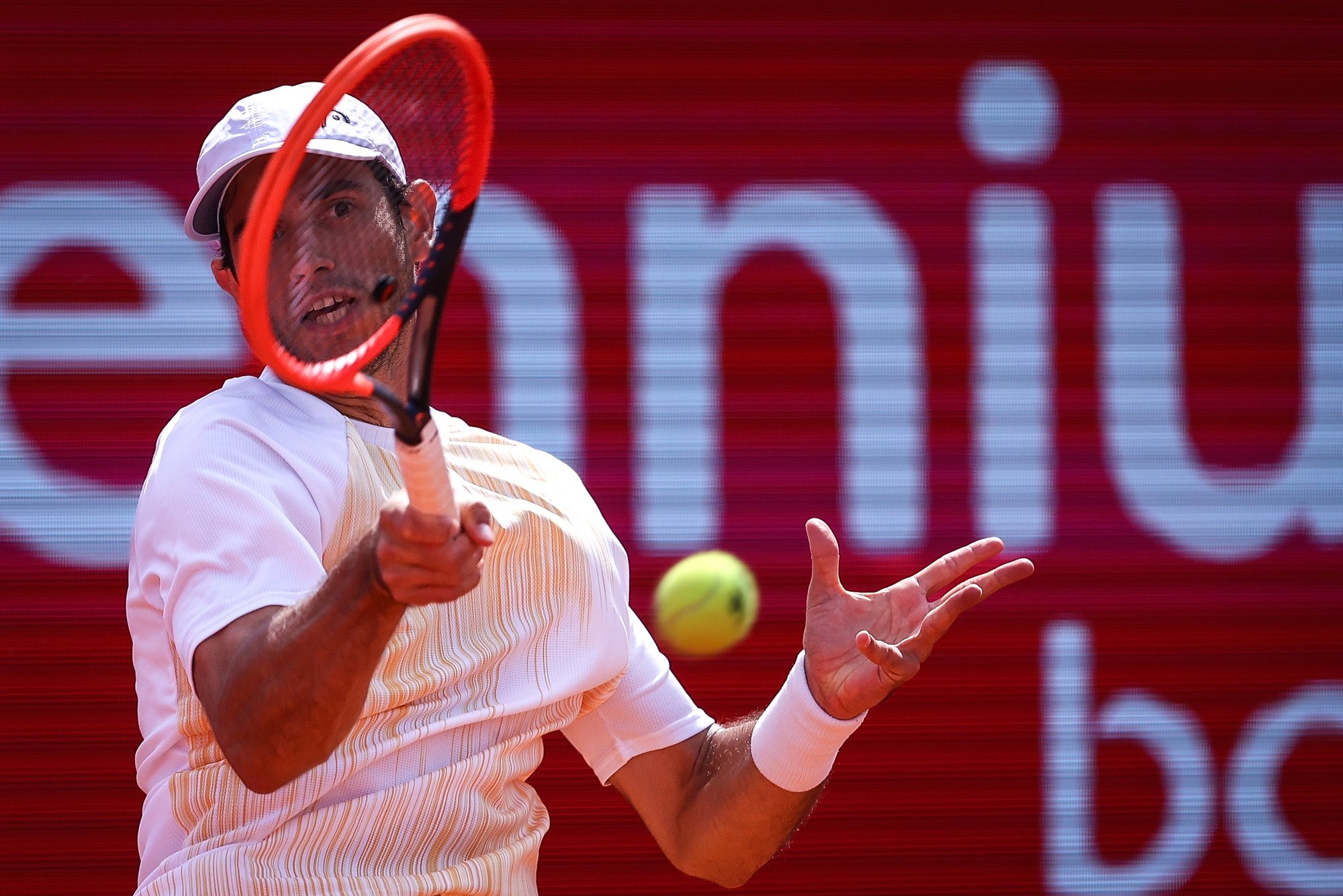 Nuno Borges of Portugal in action against Cristian Garin of Chile during the fifth day of the Estoril Open tennis tournament, in Cascais, Portugal, 05 April 2024. RODRIGO ANTUNES/LUSA