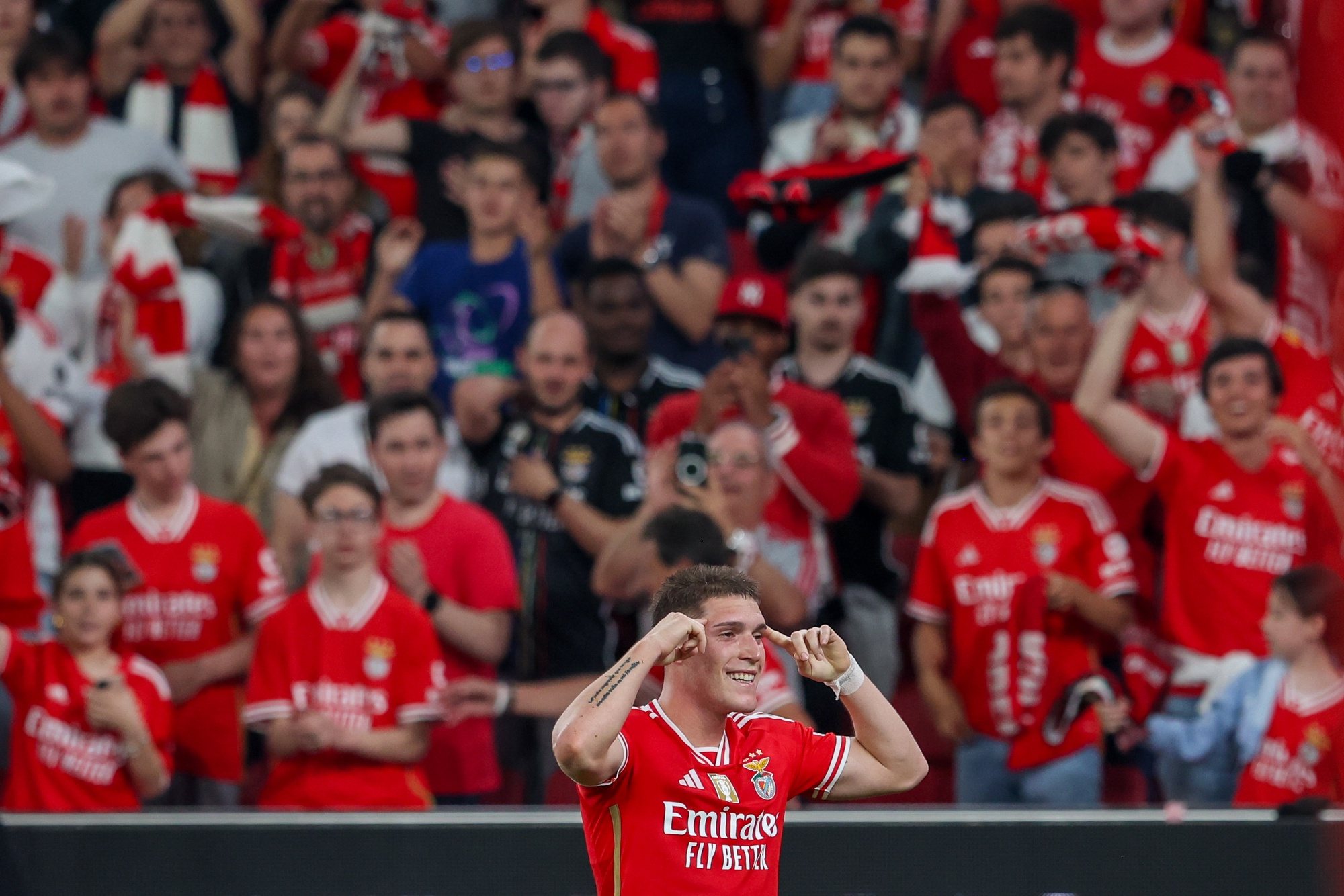 Benfica player Benjamin Rollheiser celebrates after scoring a goal during their First League Soccer match against Moreirense, held at Luz Stadium, in Lisbon, Portugal, 14 April 2024. JOSE SENA GOULAO/LUSA