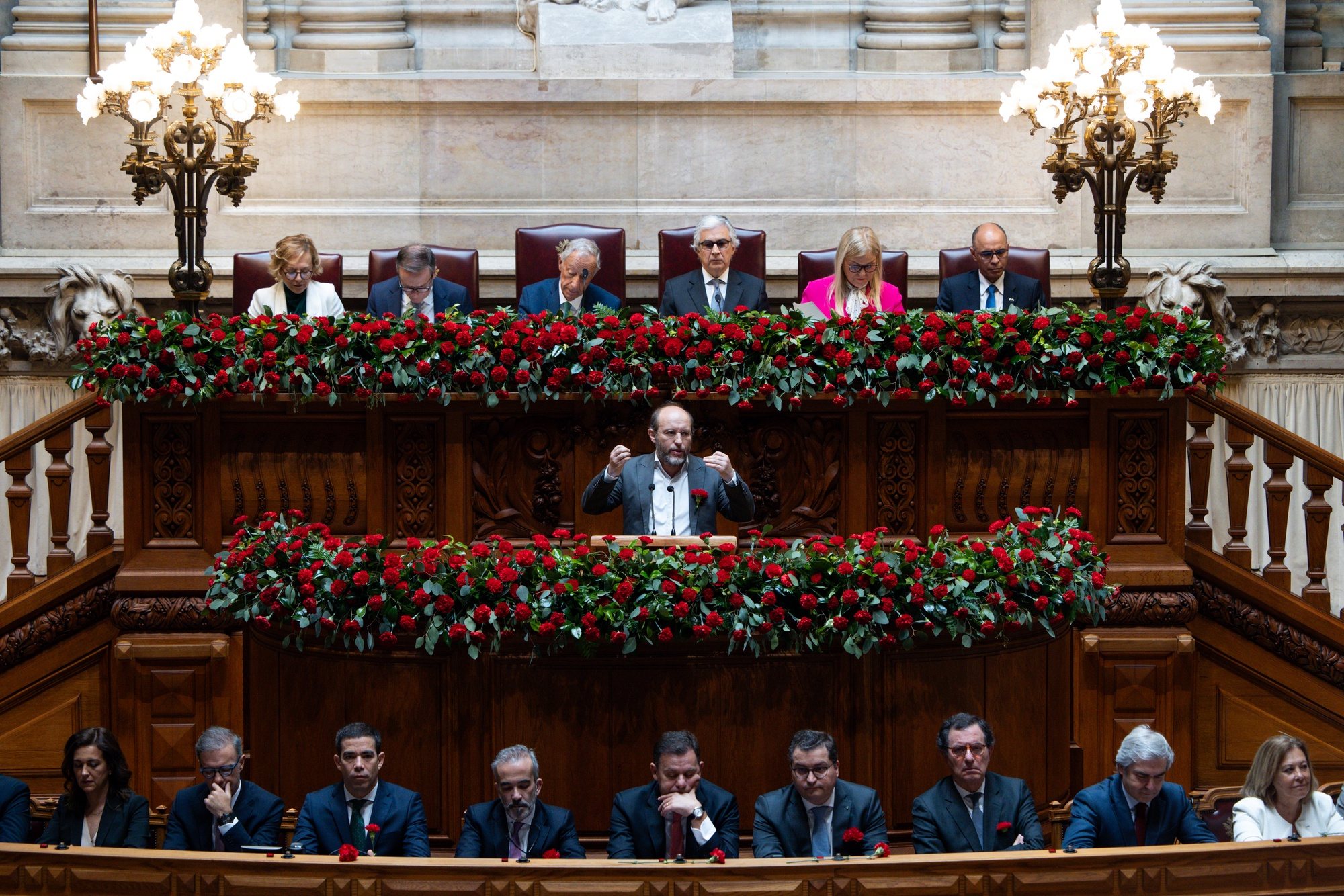 The leader of Livre (Free) Party, Rui Tavares, delivers a speech during the solemn comemorative session at the Portuguese parliament in Lisbon, Portugal, 25 April 2024. Portugal celebrates the 50th anniversary of the Carnation Revolution that ended the authoritarian regime of Estado Novo (New State) that ruled the country between 1926 to 1974. JOSE SENA GOULAO/LUSA