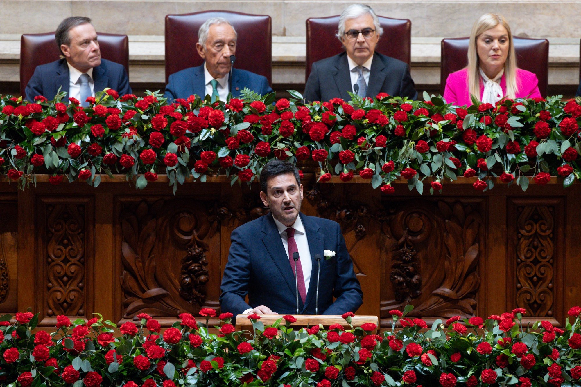 Portuguese leader of the Liberal Initiative (IL), Rui Rocha, delivers a speech during the solemn comemorative session at the Portuguese parliament in Lisbon, Portugal, 25 April 2024. Portugal celebrates the 50th anniversary of the Carnation Revolution that ended the authoritarian regime of Estado Novo (New State) that ruled the country between 1926 to 1974. JOSE SENA GOULAO/LUSA