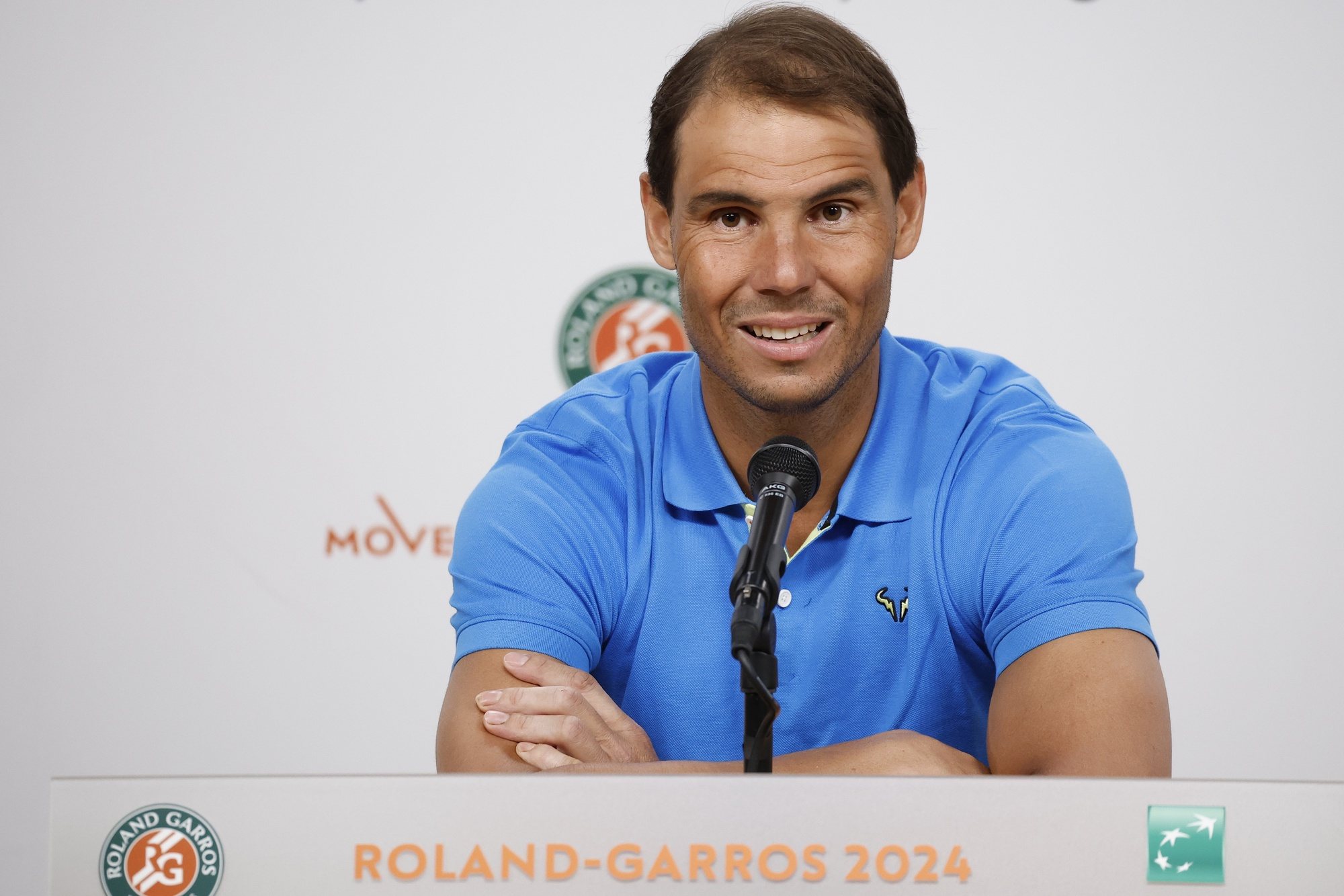 epa11368121 Rafael Nadal of Spain reacts during a press conference ahead of the French Open tennis tournament at Roland ​Garros in Paris, France, 25 May 2024. The 123th French Open tennis tournament starts with its first round matches on 26 May 2024.  EPA/YOAN VALAT