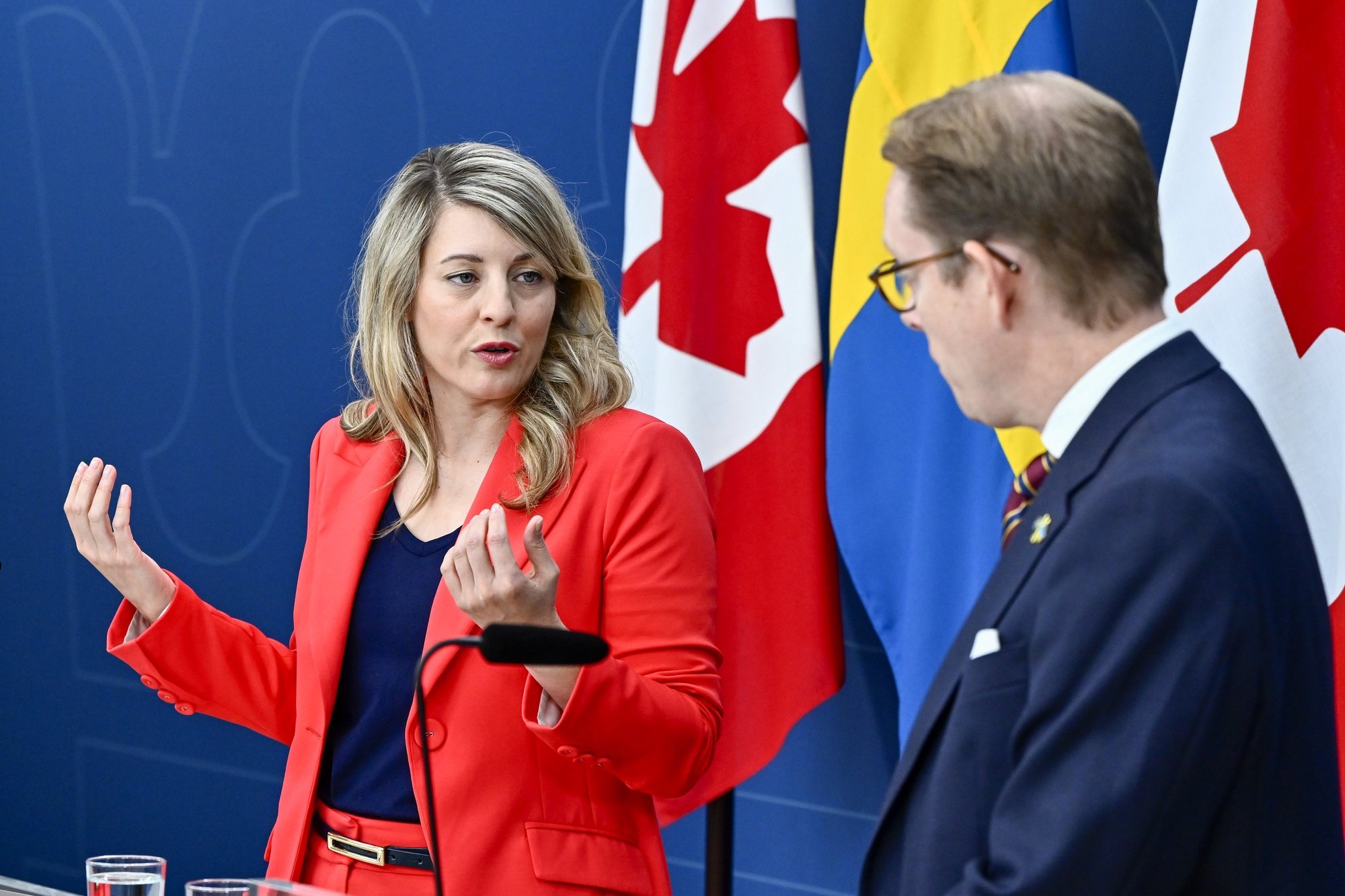 epa11377727 Canada&#039;s Foreign Minister Melanie Joly (L) and her Swedish counterpart Tobias Billstrom hold a joint news conference on, among other things, the security situation, current NATO issues and Sweden&#039;s and Canada&#039;s bilateral relationship, in Stockholm, Sweden, 29 May 2024.  EPA/Anders Wiklund  SWEDEN OUT