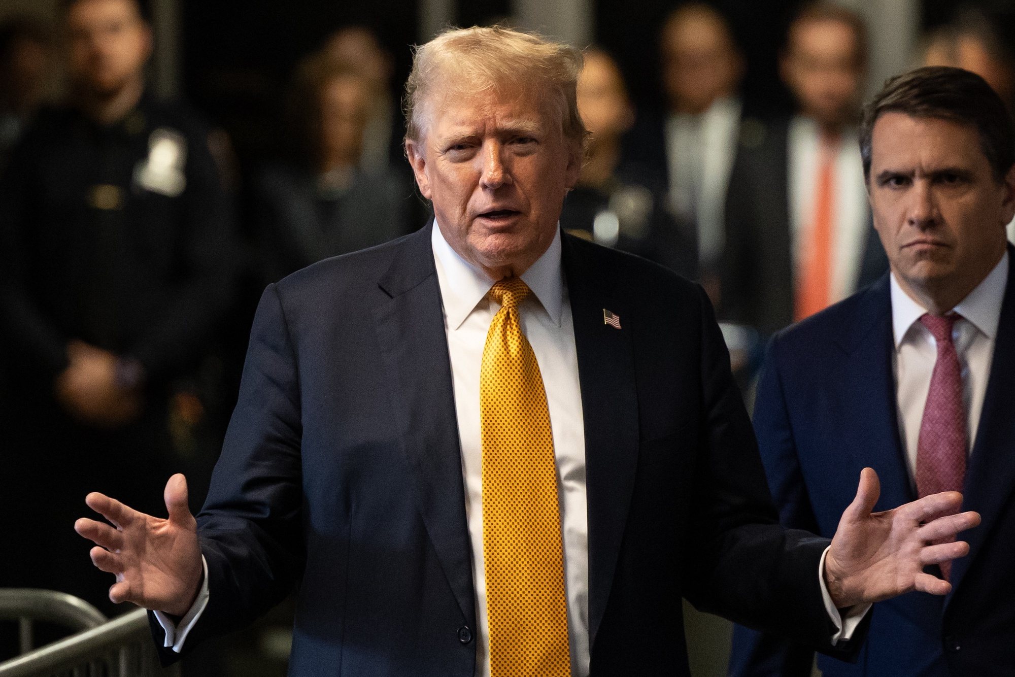 epa11378039 Former US President Donald Trump speaks to members of the media at Manhattan criminal court in New York, New York, USA, 29 May 2024. Trump faces 34 felony counts of falsifying business records as part of an alleged scheme to silence claims of extramarital sexual encounters during his 2016 presidential campaign.  EPA/YUKI IWAMURA / POOL