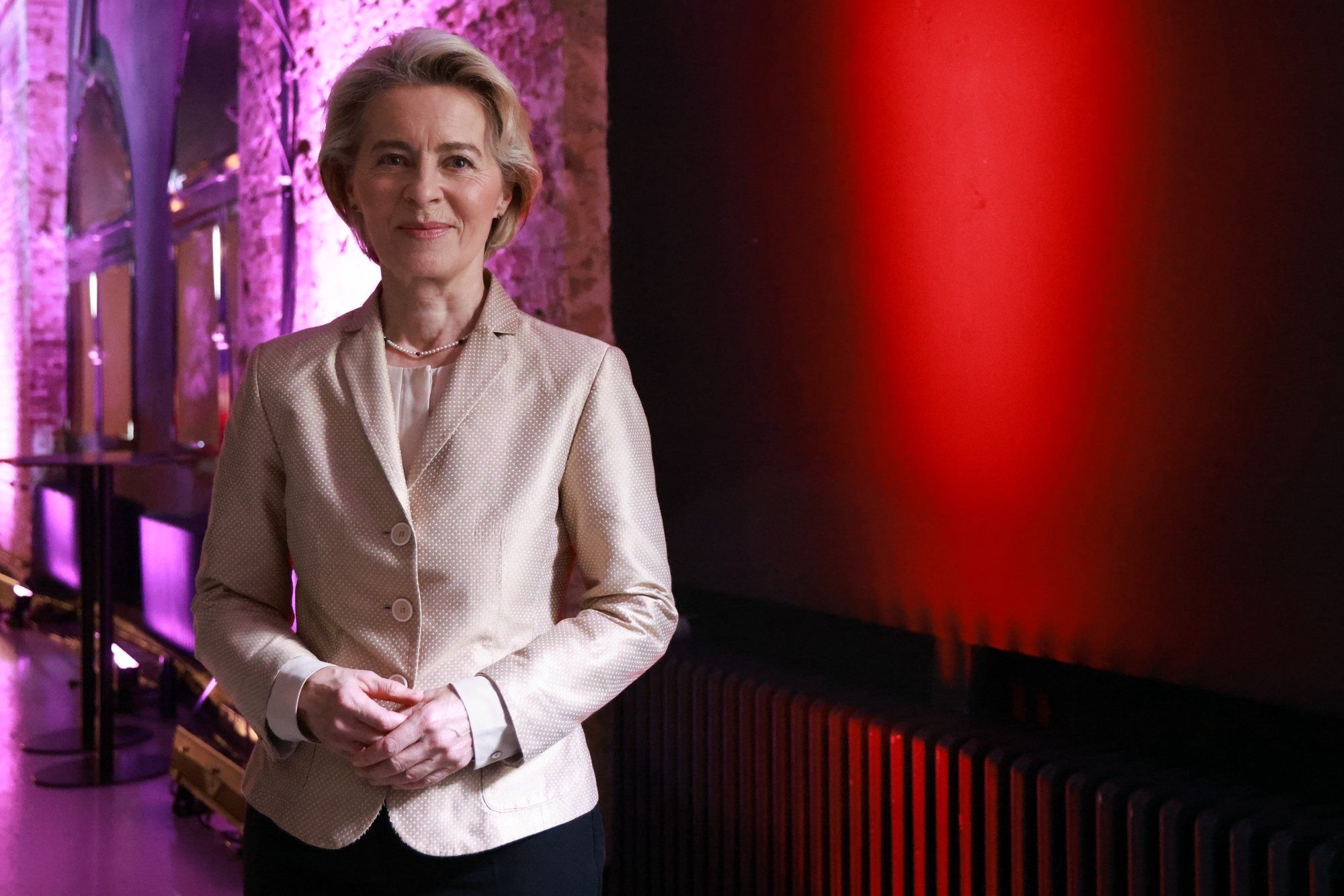 epa11373492 European Commission President Ursula von der Leyen poses for media prior to taking part in a talk at WDR Europa Forum during a visit to the re:publica festival 2024 in Berlin, Germany, 27 May 2024. The re:publica Berlin 2024 takes place under the motto &#039;Who Cares?&#039; from 27 to 29 May 2024.  EPA/CLEMENS BILAN