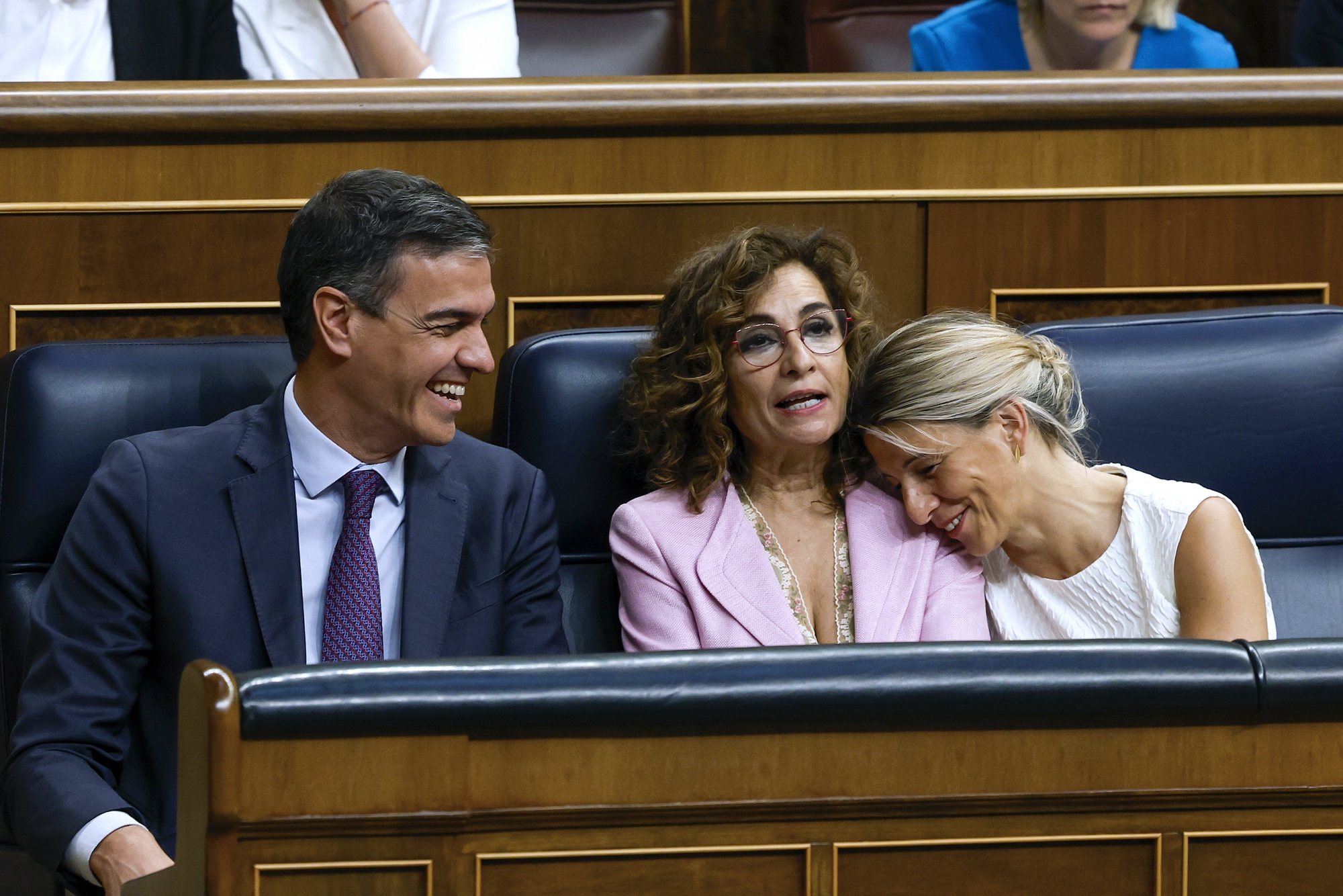 epa11378959 (L-R) Spanish Prime Minister Pedro Sanchez, First Deputy Prime Minister and Minister for Treasury Maria Jesus Montero, and Second Deputy Prime Minister and Minister of Labor Yolanda Diaz attend the debate on the so-called Amnesty Law that is expected to be approved at the Lower House in Madrid, Spain, 30 May 2024. The Amnesty Law is part of the deal struck by the Spanish Prime Minister&#039;s PSOE party to form a coalition Government with the support of Catalan and Basque pro-independent parties following the elections in July 2023. The bill would grant amnesty to people facing legal issues for involvement in Catalonia&#039;s failed 2017 independence bid.  EPA/JJ Guillen
