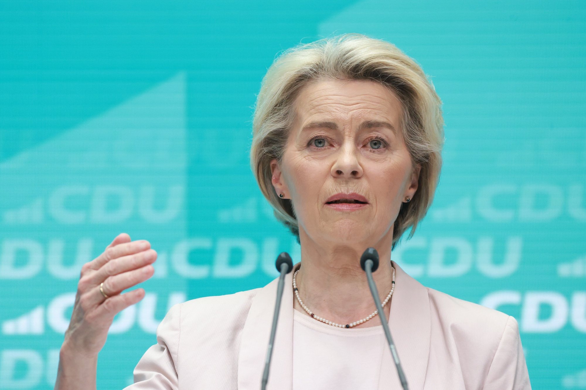 epa11402084 European Commission President Ursula von der Leyen speaks during a press conference at the Christian Democratic Union (CDU) party&#039;s headquarters in Berlin, Germany, 10 June 2024. The European Parliament elections took place across EU member states from 06 to 09 June 2024. The elections in Germany were held on 09 June.  EPA/CLEMENS BILAN