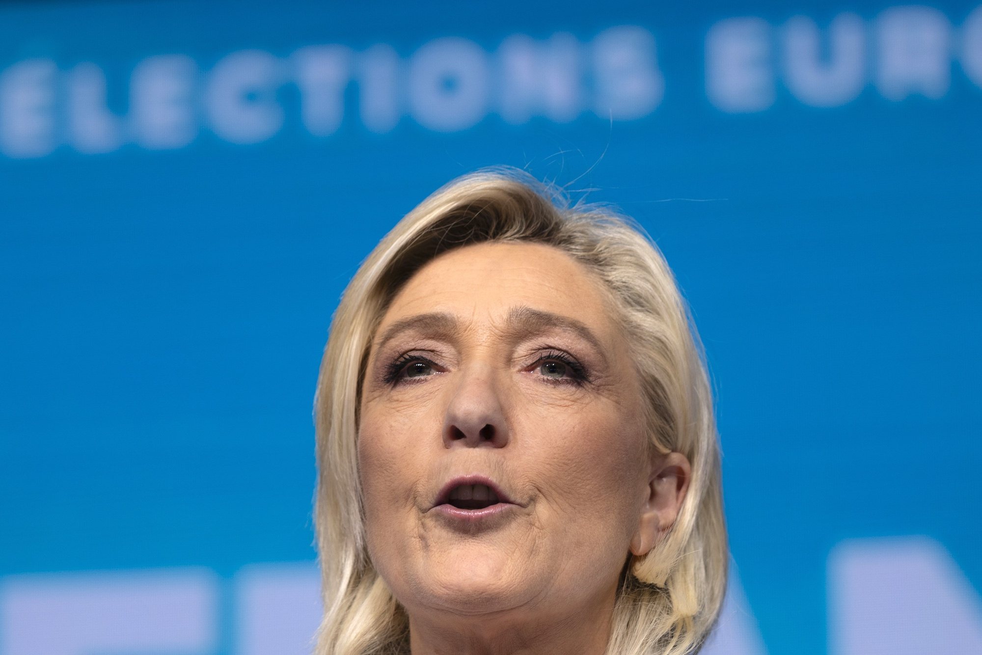 epa11401159 National Rally parliamentary party leader Marine Le Pen delivers a speech at the electoral party of the French right-wing party National Rally (Rassemblement National or RN) in Paris, France, 09 June 2024, after the first results of the European Elections. The list of the Rassemblement National, led by party chief Jordan Bardella, is given winner in France according to first estimations after polls.  EPA/ANDRE PAIN