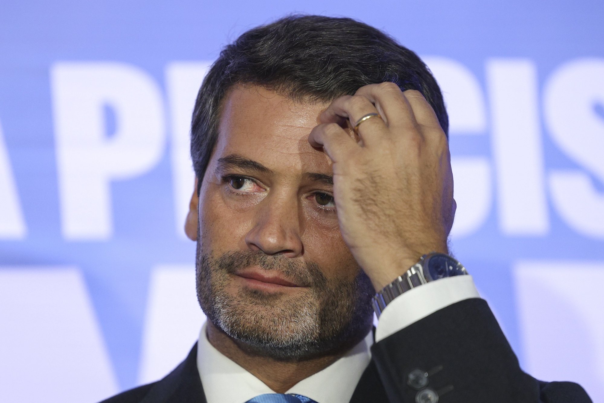 epa11401481 The president of Chega (CH) Andre Ventura at the party electoral headquarters after the results of the European elections night in Lisbon, Portugal, 09 June 2024. More than 10.8 million registered voters in Portugal and abroad went to the polls to choose 21 of the 720 members of the European Parliament.  EPA/MIGUEL A. LOPES