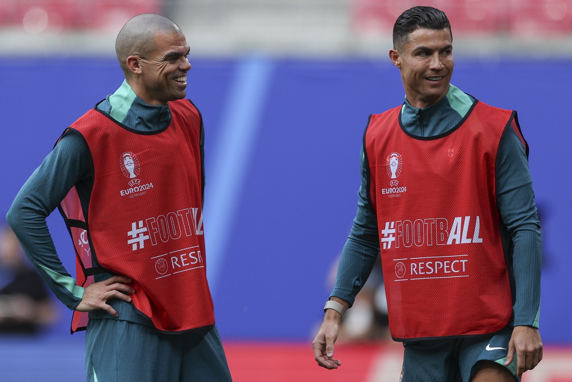 Portugal national soccer team players Pepe (L) and Cristiano Ronaldo (R) during a training session at Red Bull Arena in Leipzig, Germany, 17 June 2024. The Portuguese national soccer team will face tomorrow Czech Republic in the UEFA EURO 2024. MIGUEL A. LOPES/LUSA