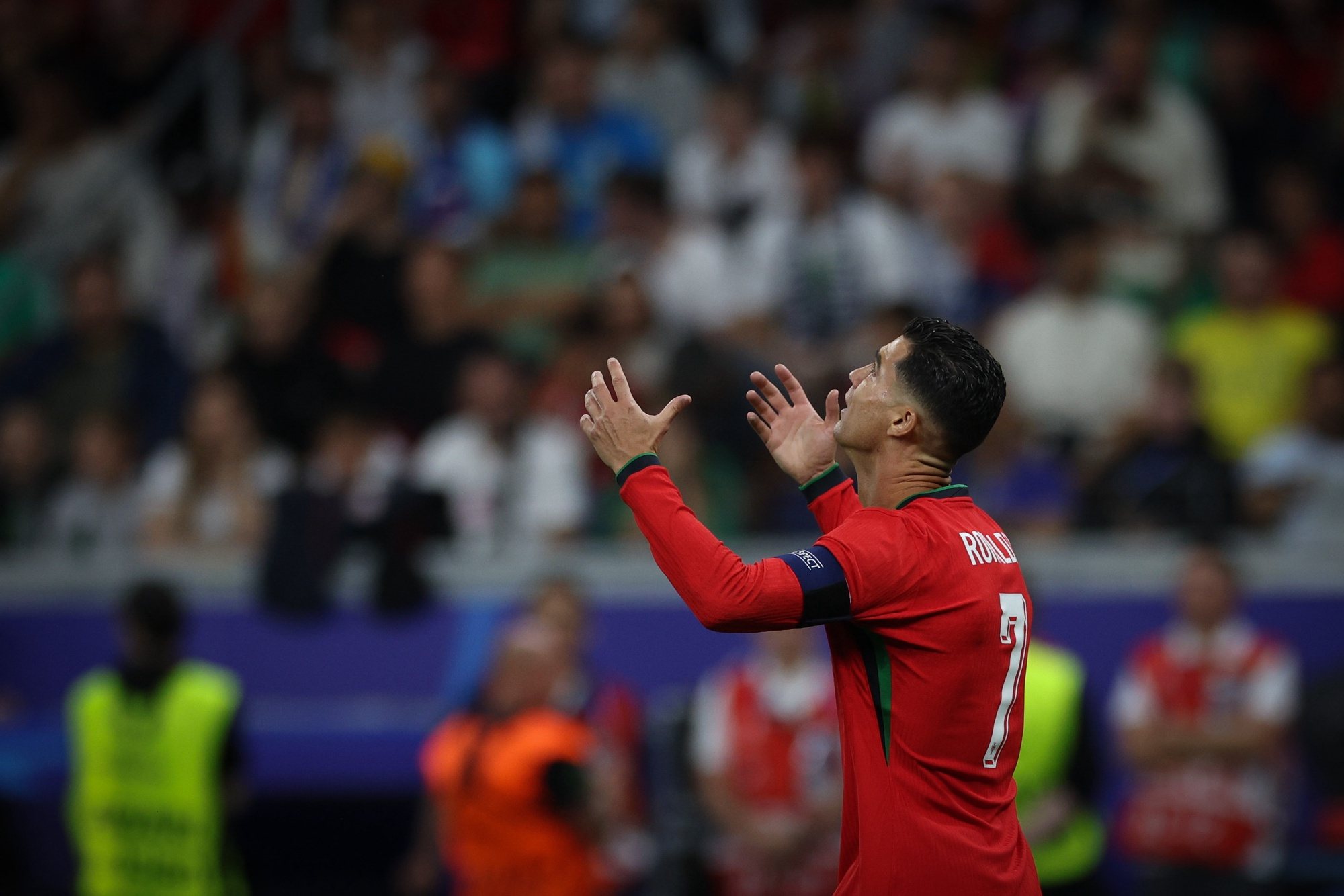 Portugal`s Cristiano Ronaldo reacts during their UEFA EURO 2024 round of 16 soccer with Slovenia held in Frankfurt, Germany, 1 of July 2024. MIGUEL A. LOPES/LUSA
