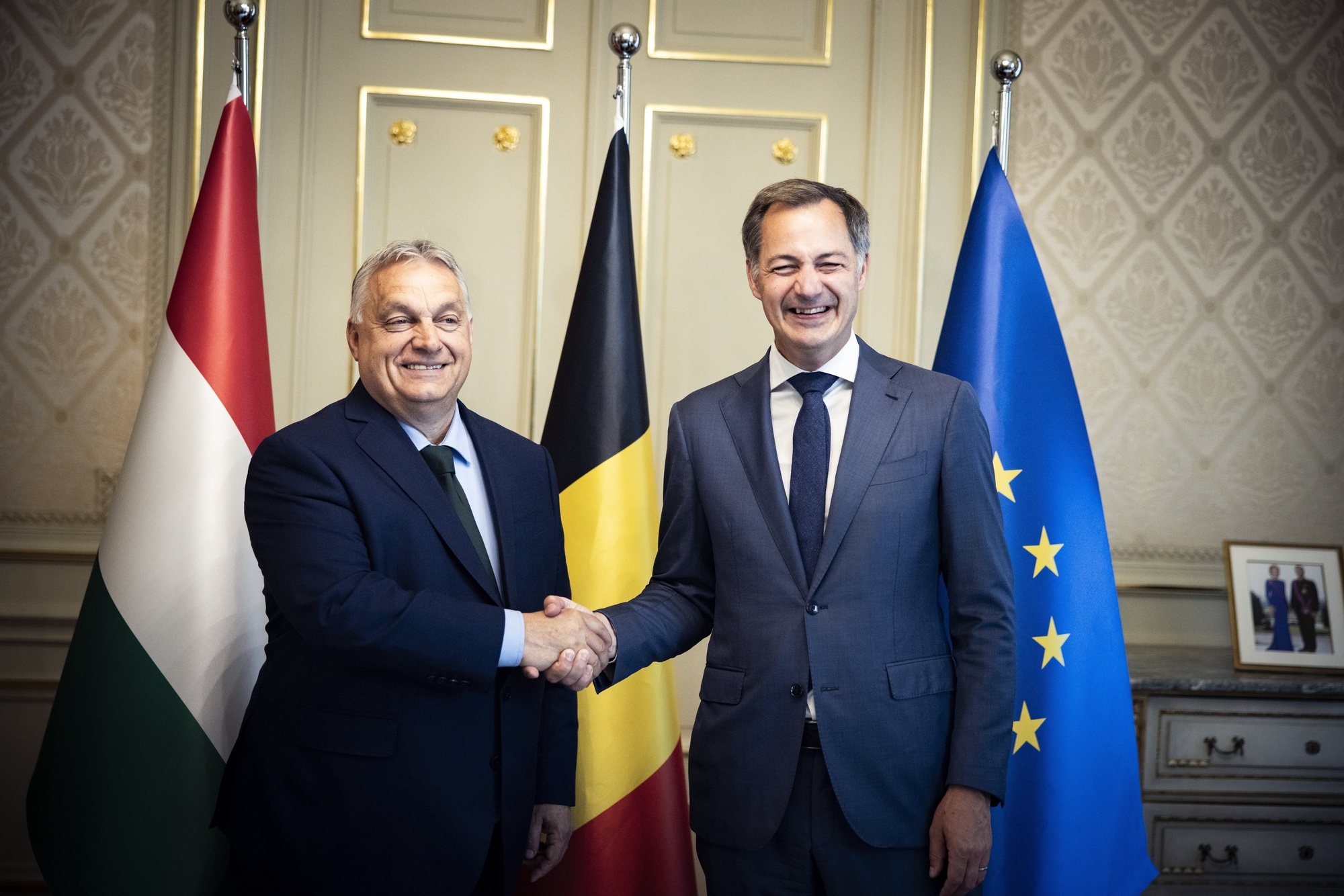 epa11450128 A handout photo made available by the Hungarian PMâ€™s Press Office shows Belgian Prime Minister Alexander de Croo (R) welcomes Hungarian Prime Minister Viktor Orban prior to their meeting in Brussels, Belgium, 01 July 2024. The Hungarian prime minister is visiting Brussels as Hungary takes over the six-month rotating presidency of the European Union (EU) Council from Belgium from 01 July.  EPA/ZOLTAN FISCHER / HUNGARIAN PM PRESS OFFICE / HANDOUT HUNGARY OUTHANDOUT EDITORIAL USE ONLY/NO SALES