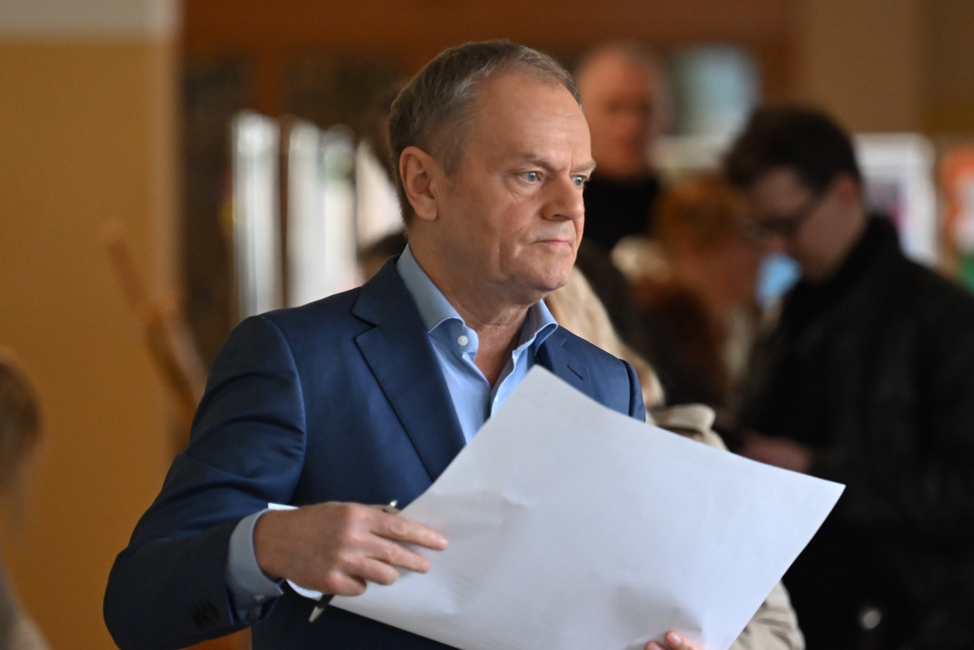 epa11263696 Polish Prime Minister Donald Tusk votes at a polling station during the local elections in Sopot, Poland, 07 April 2024. Poles are to elect nearly 47,000 district, county and provincial councilors and close to 2,500 district heads and town and city mayors.  EPA/ADAM WARZAWA POLAND OUT