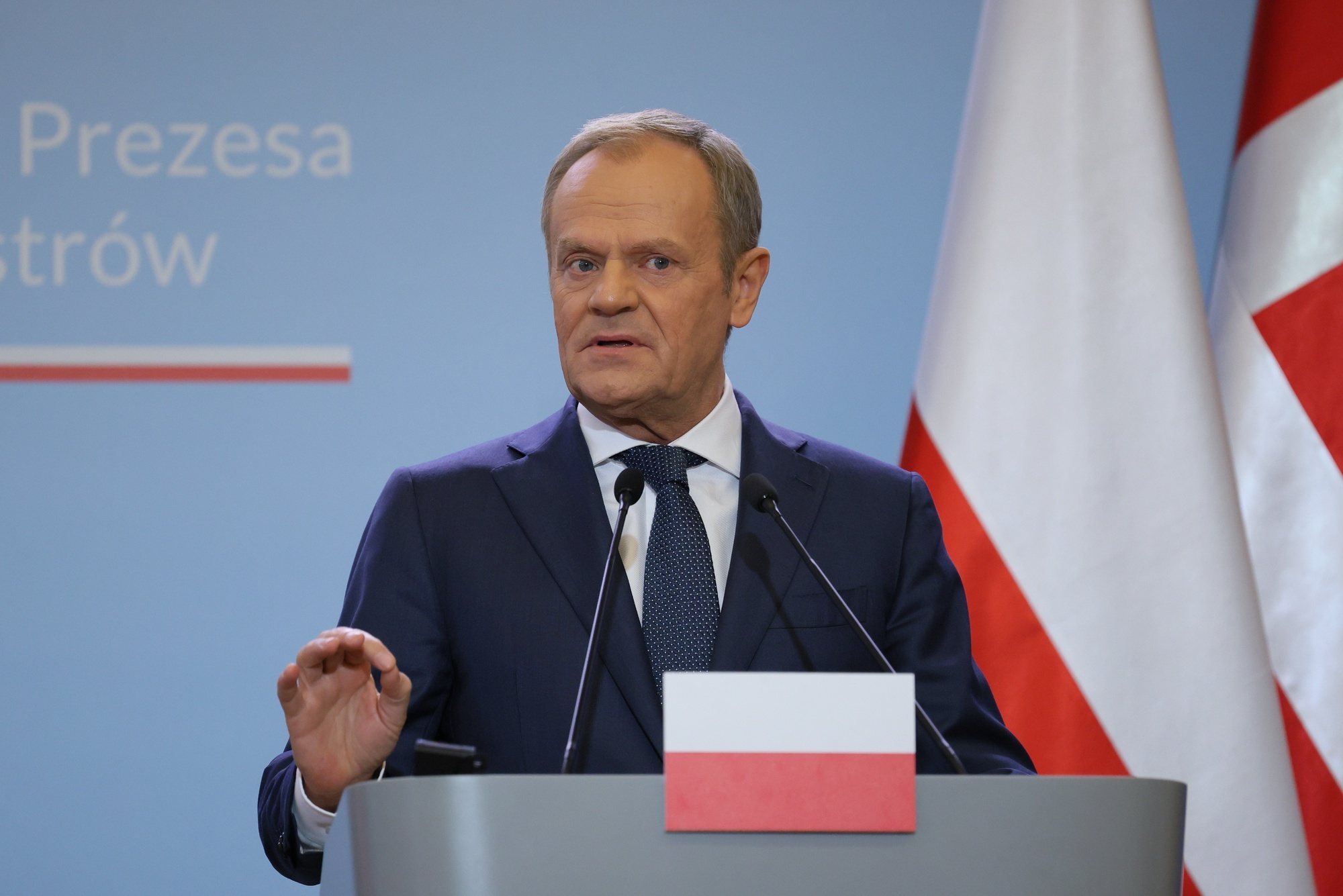 epa11280574 Polish Prime Minister Donald Tusk holds a joint press conference with Danish Prime Minister Frederiksen (unseen) after their meeting at the Prime Minister&#039;s Office in in Warsaw, Poland, 15 April 2024.  EPA/Pawel Supernak POLAND OUT