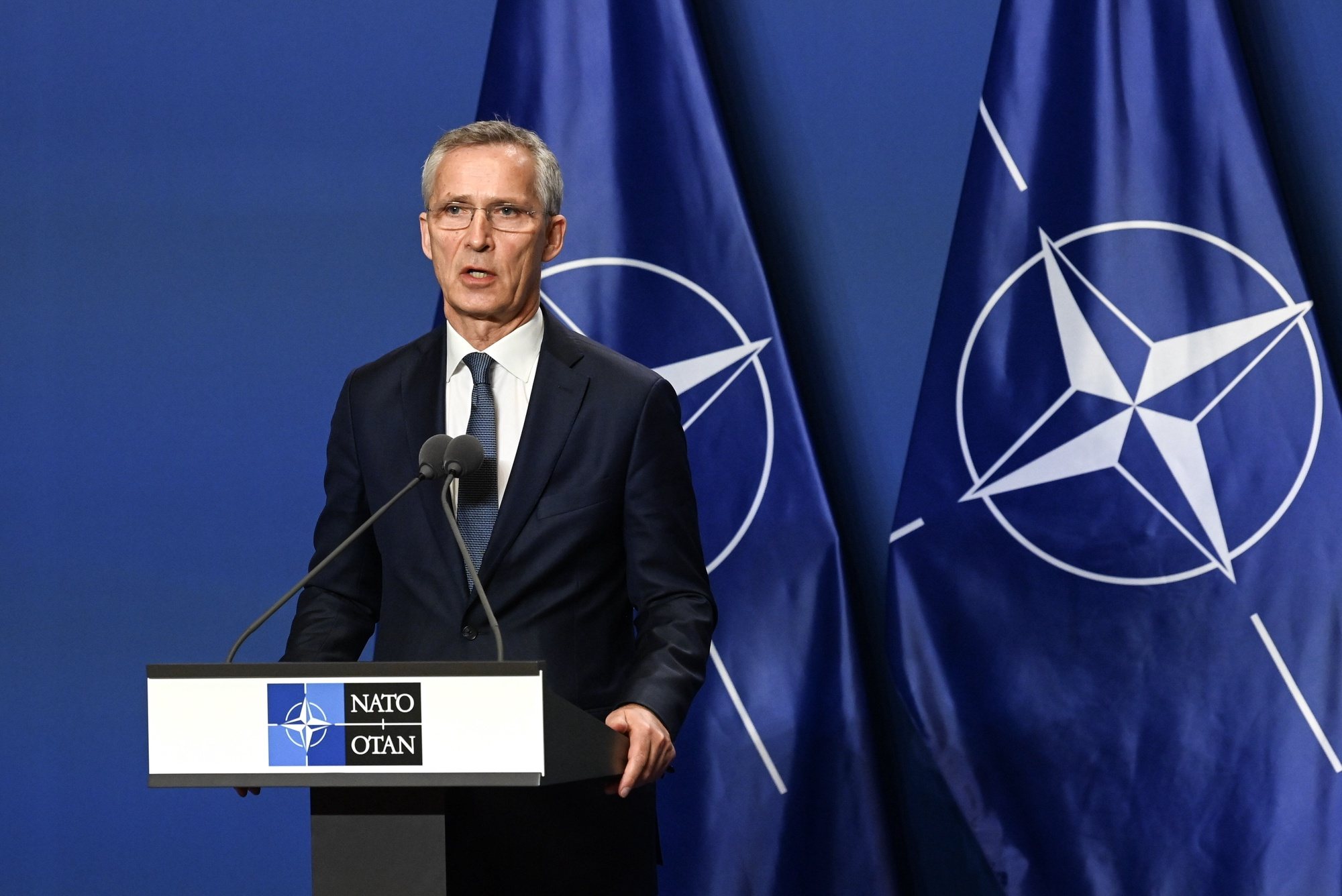 epa11405290 NATO Secretary General Jens Stoltenberg speaks during a joint press conference with Hungarian Prime Minister Viktor Orban (not pictured) following their meeting at the government headquarters in Budapest, Hungary, 12 June 2024.  EPA/ZOLTAN MATHE HUNGARY OUT