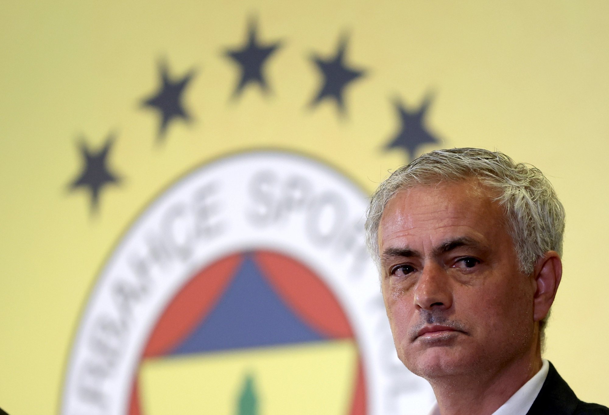 epa11387274 Newly appointed Fenerbahce head coach Jose Mourinho attends a press conference at the Ulker Stadium in Istanbul, Turkey, 03 June 2024. Mourinho was unveiled as the new head coach of the team on 02 June 2024.  EPA/ERDEM SAHIN