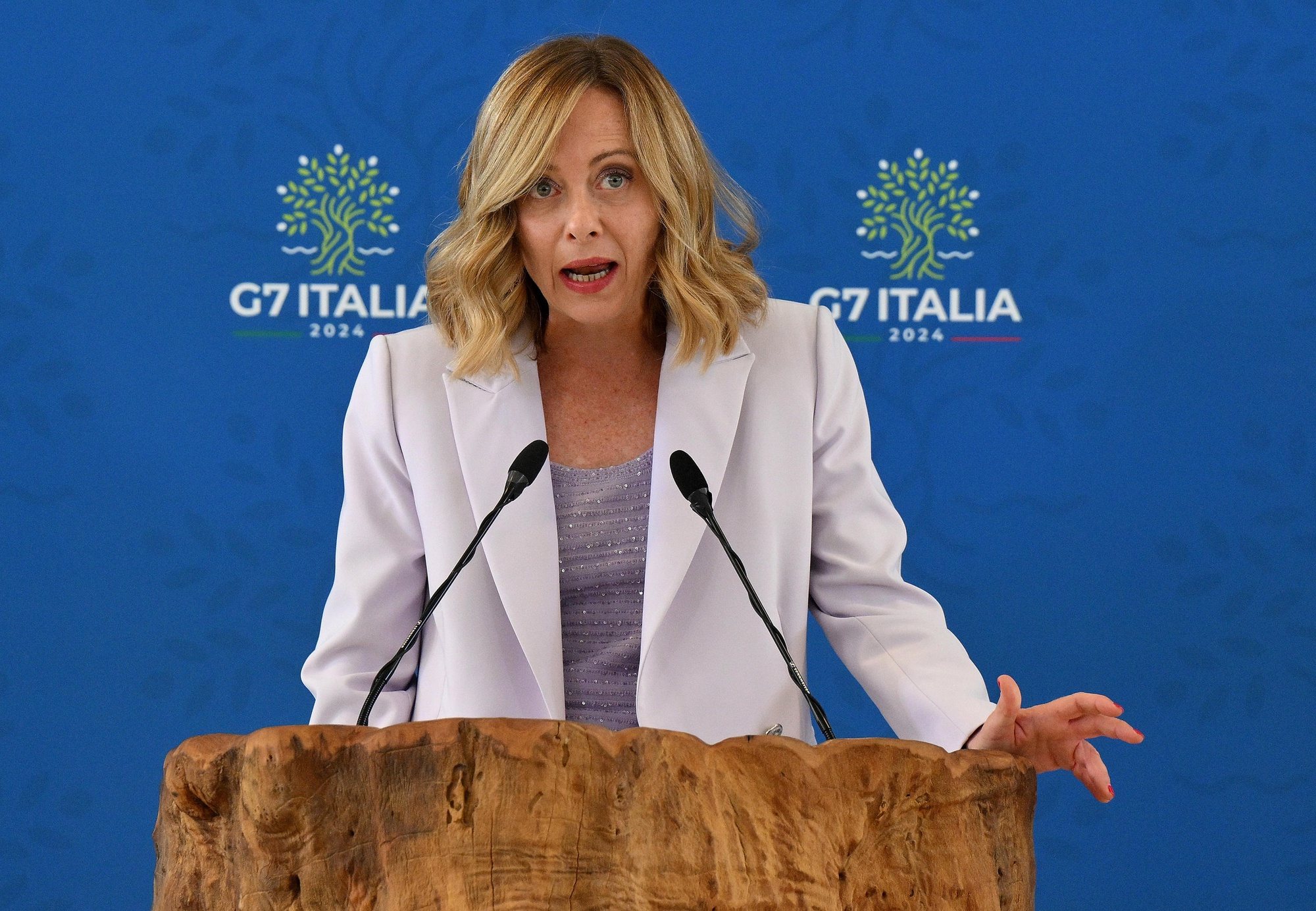 epa11411876 Italian Prime Minister Giorgia Meloni holds a press conference after the G7 summit at Borgo Egnazia resort in Savelletri, southern Italy, 15 June 2024. The 50th G7 summit brought together the Group of Seven member states leaders in Borgo Egnazia resort in southern Italy from 13 to 15 June 2024.  EPA/ETTORE FERRARI