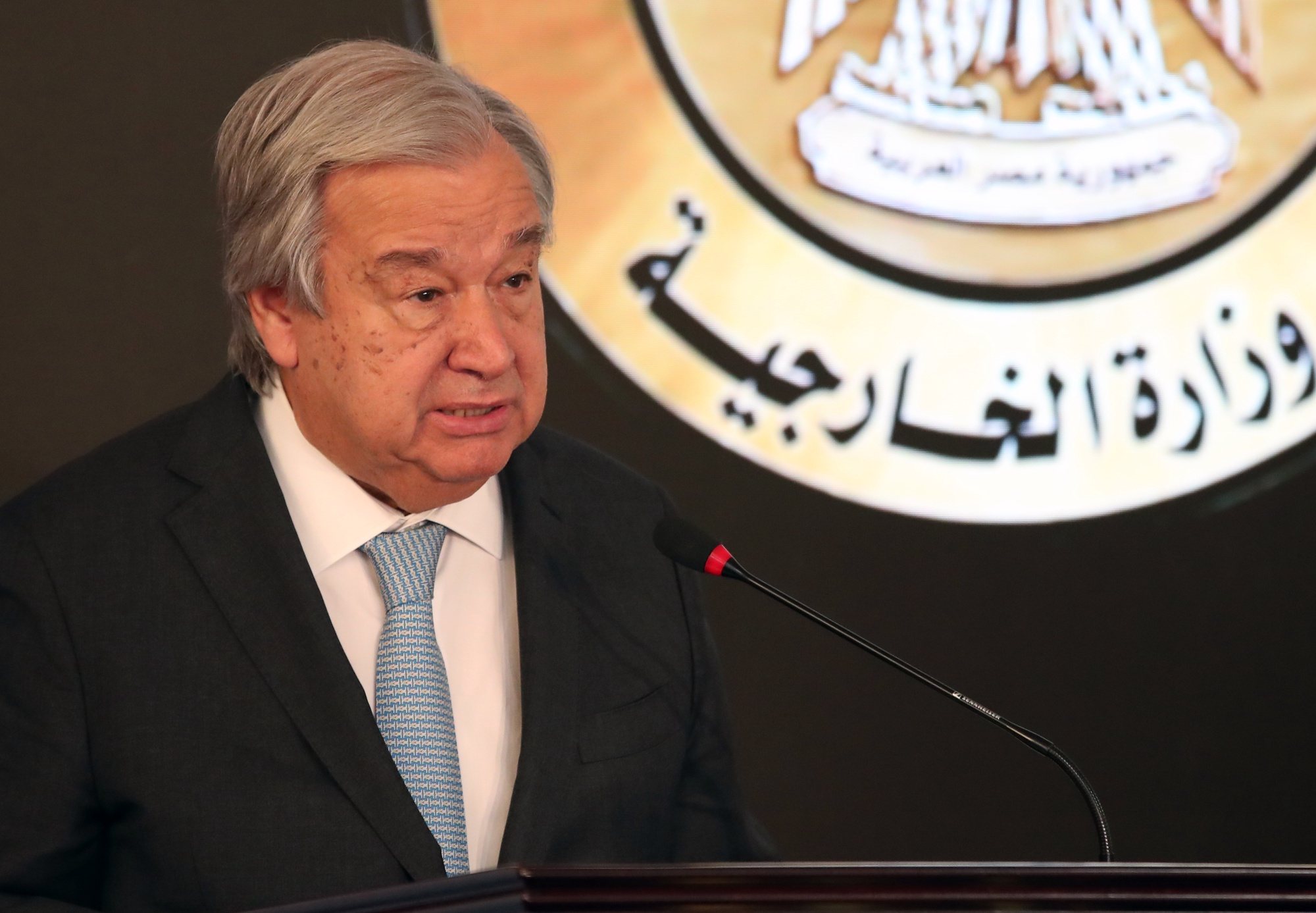 epa11240913 Secretary-General of the United Nations Antonio Guterres speaks during a press conference with Egyptian Foreign Minister (not pictured) at the foreign ministry office at the New Administrative Capital (NAC), Egypt, 24 March 2024. Guterres arrived in Egypt on 23 March as part of his annual Ramadan solidarity trip, during which he met with Egyptian officials and travelled to northern Sinai to meet with UN humanitarian workers in Rafah on the Egyptian side of border with Gaza.  EPA/KHALED ELFIQI