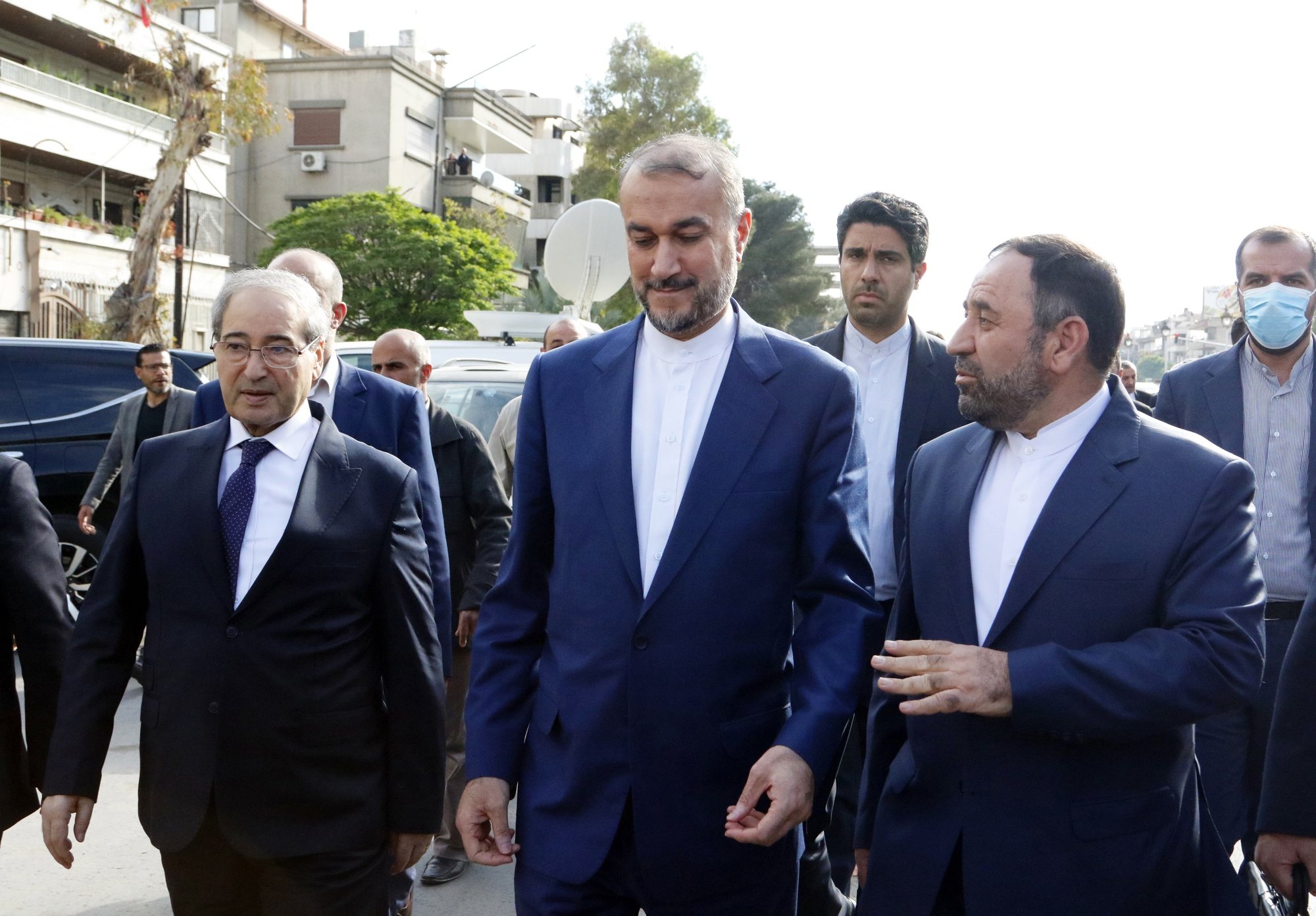 epa11265949 Iranian Foreign Minister Hossein Amir-Abdollahian (C) with Syrian Foreign Minister Faisal Mekdad (L) visit destroyed Iranian consulate site in Damascus, Syria, 08 April 2024. Iran&#039;s foreign minister is in Damascus to inaugurate new Iranian consular services, a week after an April 1 airstrike on the Iranian consulate building in the Syrian capital Damascus that Iran blamed on Israel.  EPA/YOUSSEF BADAWI