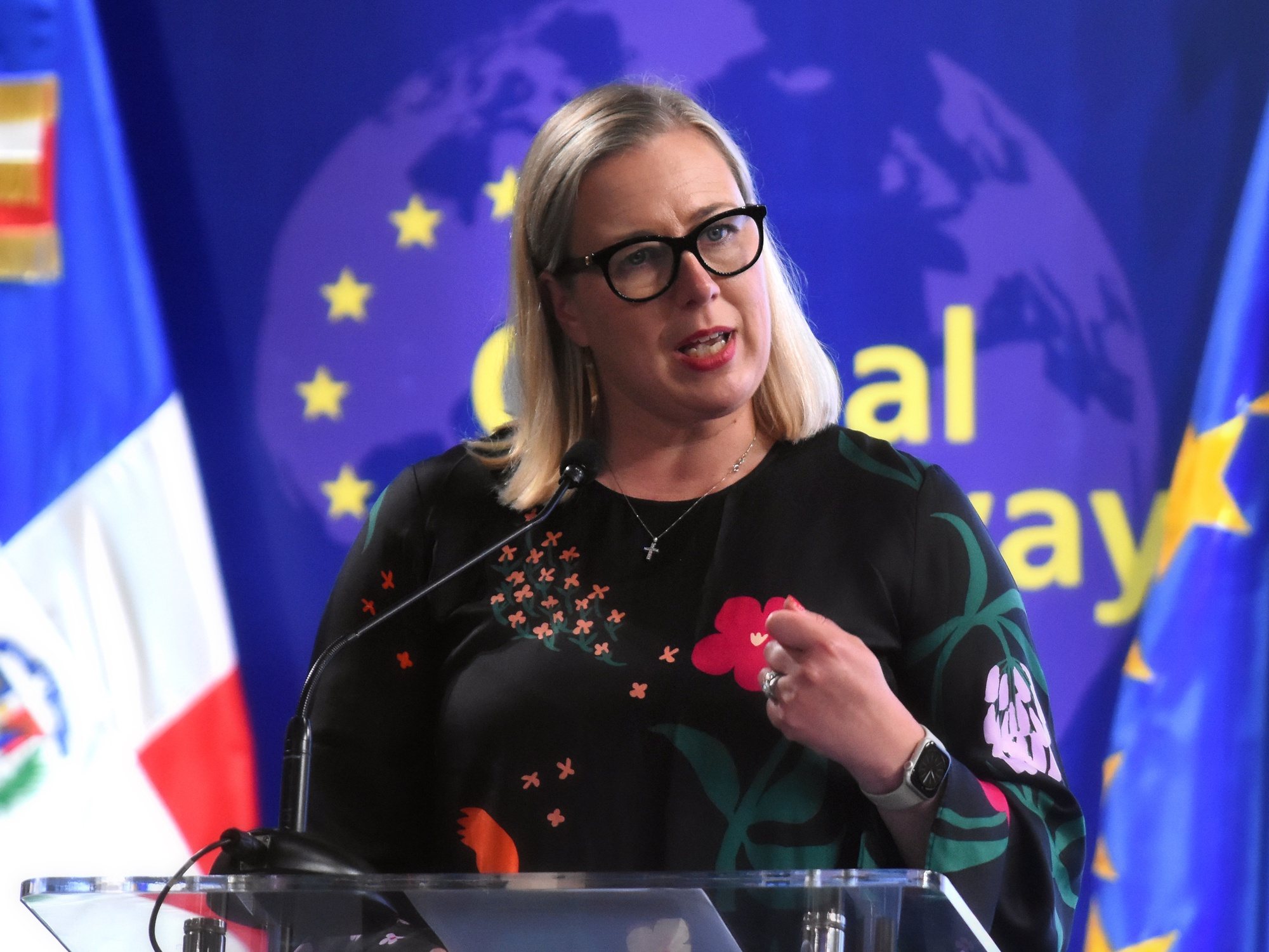 epa11378530 The European Commissioner for International Associations, Jutta Urpilainen, speaks during a signing event for an agreement to promote the green and inclusive economy in the Dominican Republic in Santo Domingo, Dominican Republic, 29 May 2024. The European Union (EU) and the Dominican Republic signed an agreement in Santo Domingo to promote a green and inclusive economy in the Caribbean, which involves 13 million euros (14.05 million US dollars). This commitment was signed by the European Commissioner for International Associations, Jutta Urpilainen, and the Dominican Minister of Economy, Planning and Development, Pavel Isa Contreras.  EPA/ORLANDO RAMOS