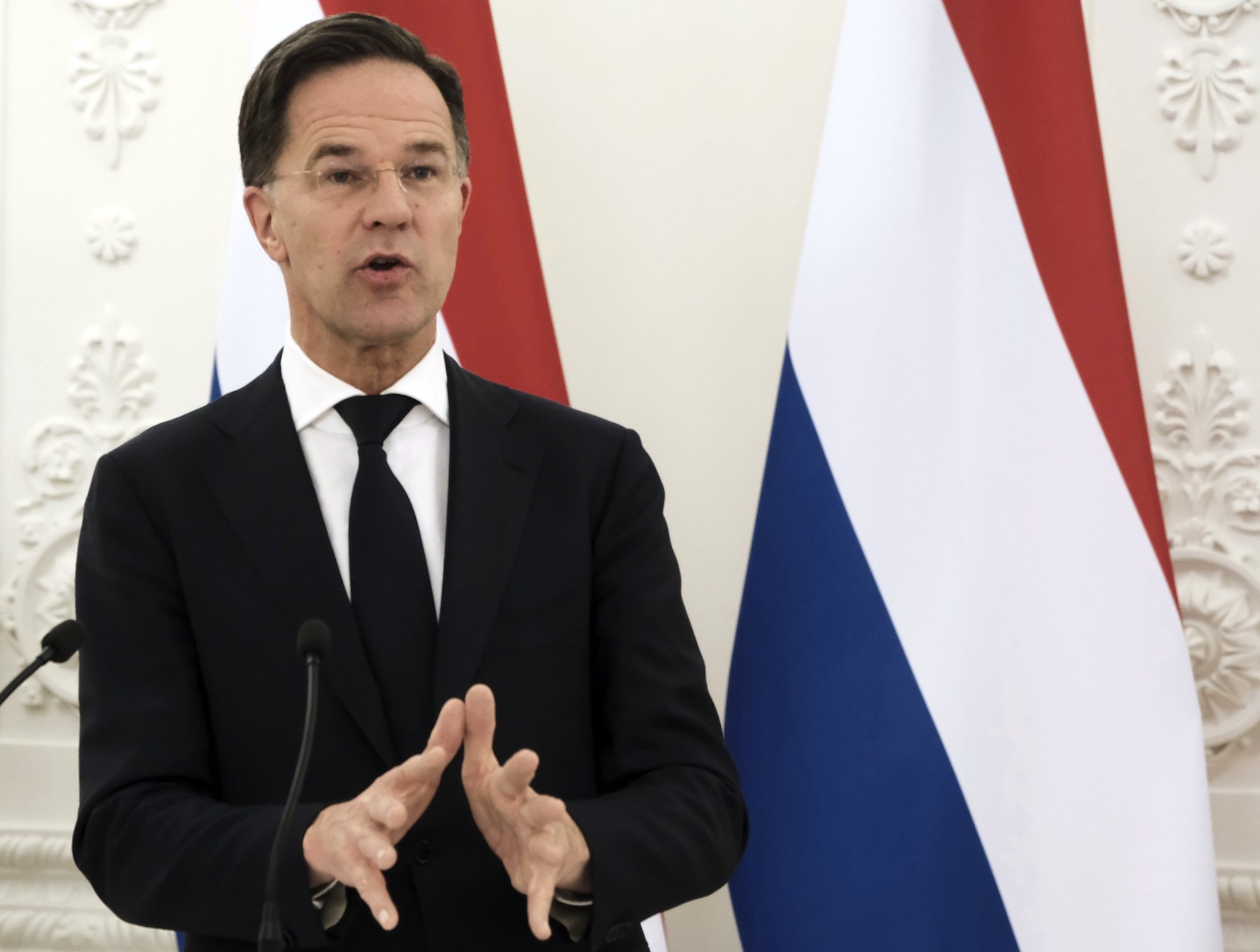 epa11255631 Dutch Prime Minister Mark Rutte attends a press conference after his meeting with the Lithuanian president in Vilnius, Lithuania, 02 April 2024. The Lithuanian president and the Dutch prime minister during the meeting discussed defense and security, the strengthening of NATOÃ•s eastern flank, support for Ukraine, and current EU issues.  EPA/VALDA KALNINA