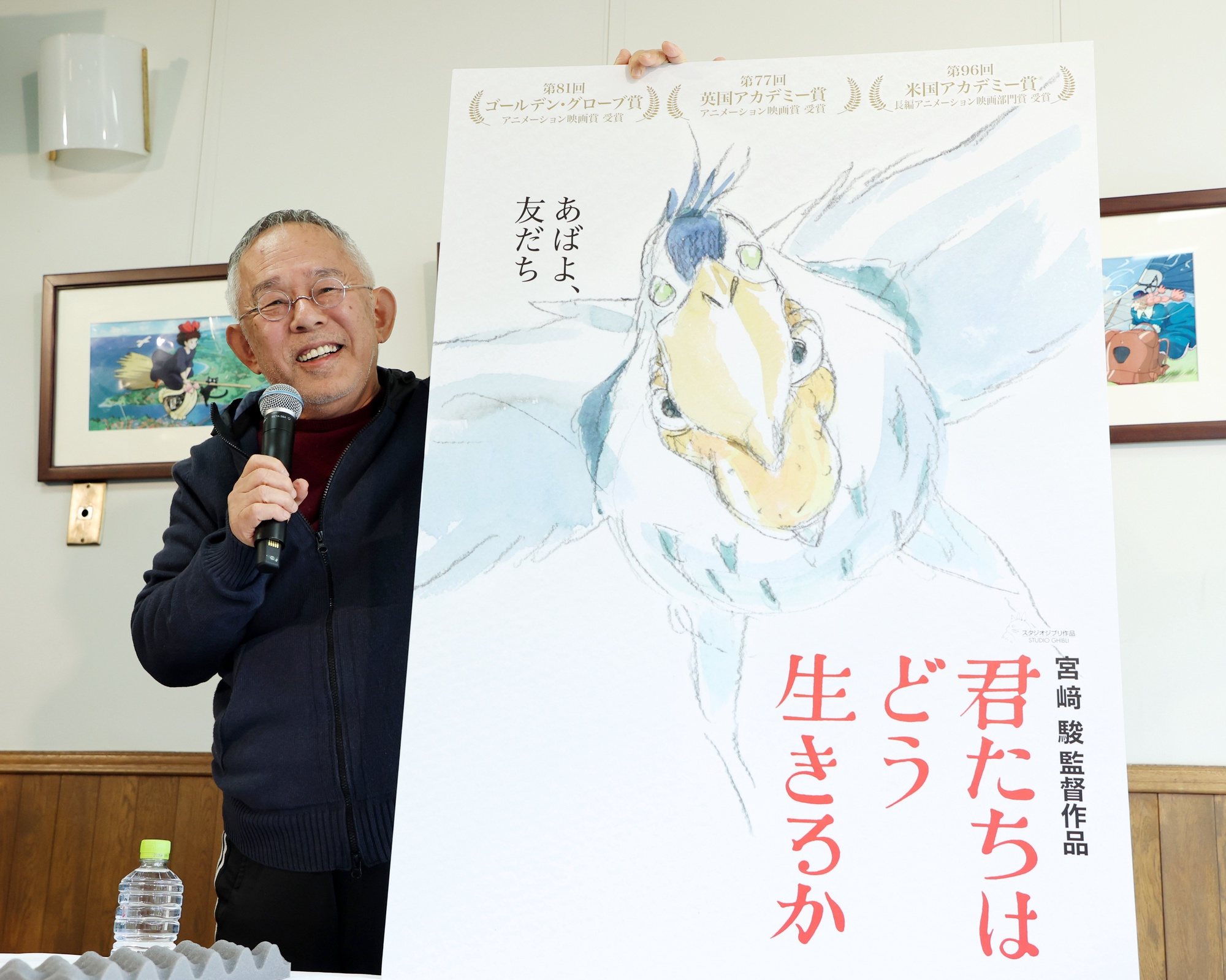 epa11213639 Studio Ghibli film producer Toshio Suzuki smiles during a press conference in Tokyo, Japan, 11 March 2024. ‘The Boy and the Heron’ directed by Hayao Miyazaki won the Oscars Academy Award for Best Animated Feature Film.  EPA/JIJI PRESS JAPAN OUT EDITORIAL USE ONLY/
