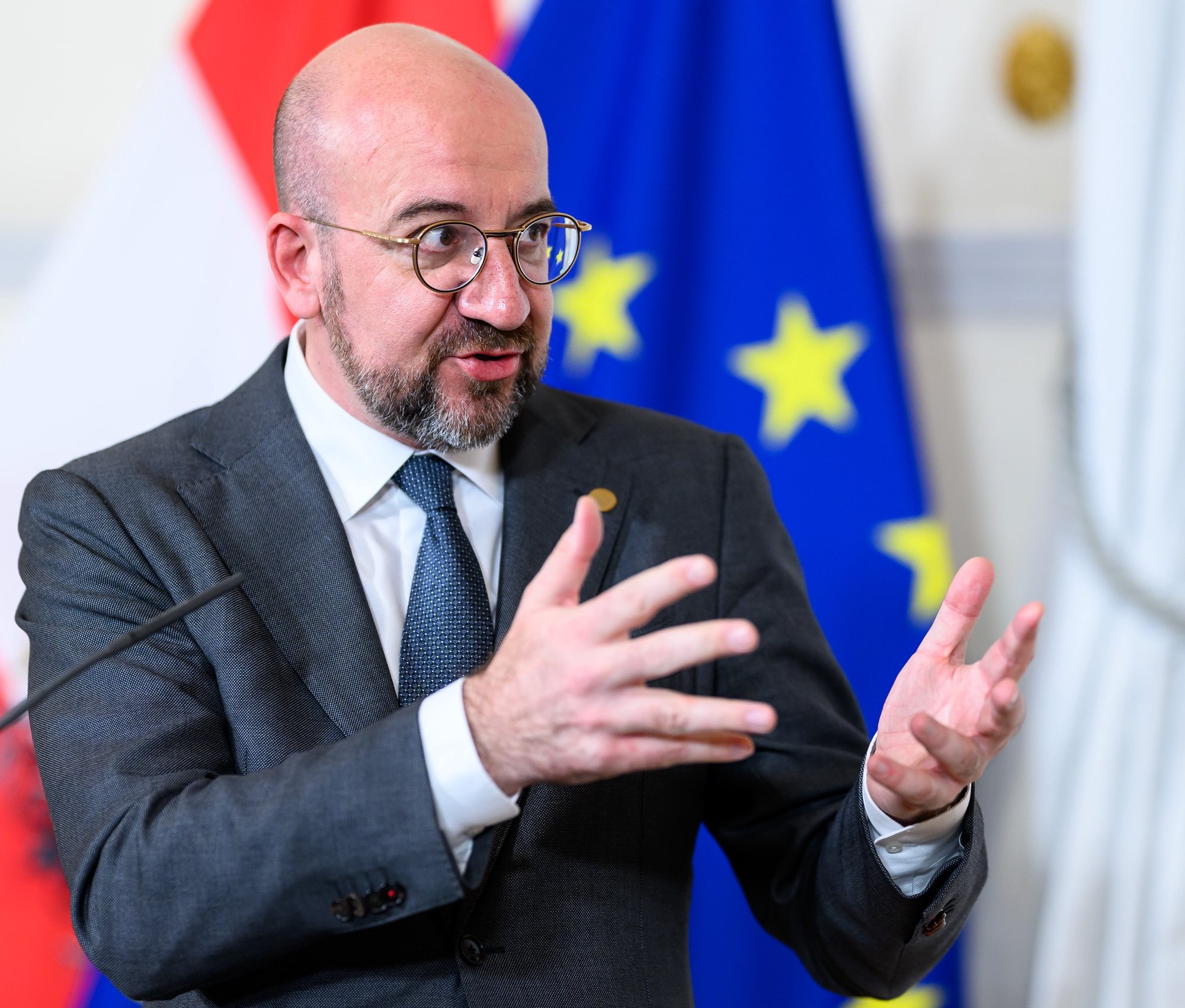 epa11275313 The European Council President Charles Michel addresses a press conference ahead of a meeting at the Austrian Chancellery in Vienna, Austria, 12 April 2024. At an informal summit Chancellor Nehammer will hold meetings on EU&#039;s agenda for next years.  EPA/MAX SLOVENCIK