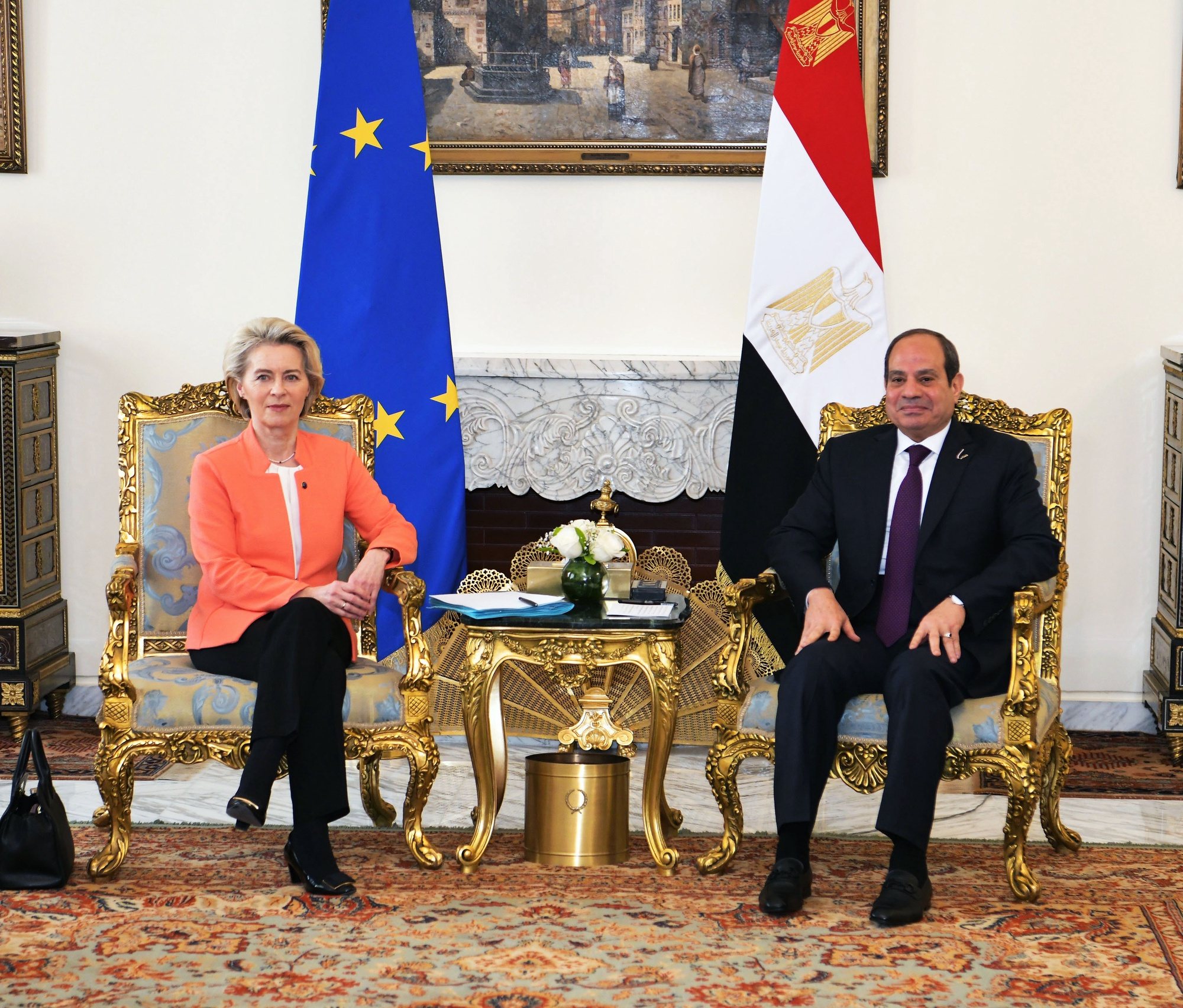 epa11226176 A handout photo made available by the Egyptian Presidency shows Egyptian President Abdel Fattah al-Sisi (R) meets European Commission President Ursula von der Leyen (L) at Al-Ittihadiya palace in Cairo, Egypt, 17 March 2024. EU European Commission President along with the leaders of Italy, Greece, Belgium, Austria, and Cyprus, is in Egypt to sign a deal on greater cooperation on migration worth 7.4 billion euros until 2027. After last year&#039;s deal with Tunisia, this is the second agreement signed by the European Union to curb migration.  EPA/EGYPTIAN PRESIDENTIAL OFFICE / HANDOUT   HANDOUT EDITORIAL USE ONLY/NO SALES HANDOUT EDITORIAL USE ONLY/NO SALES