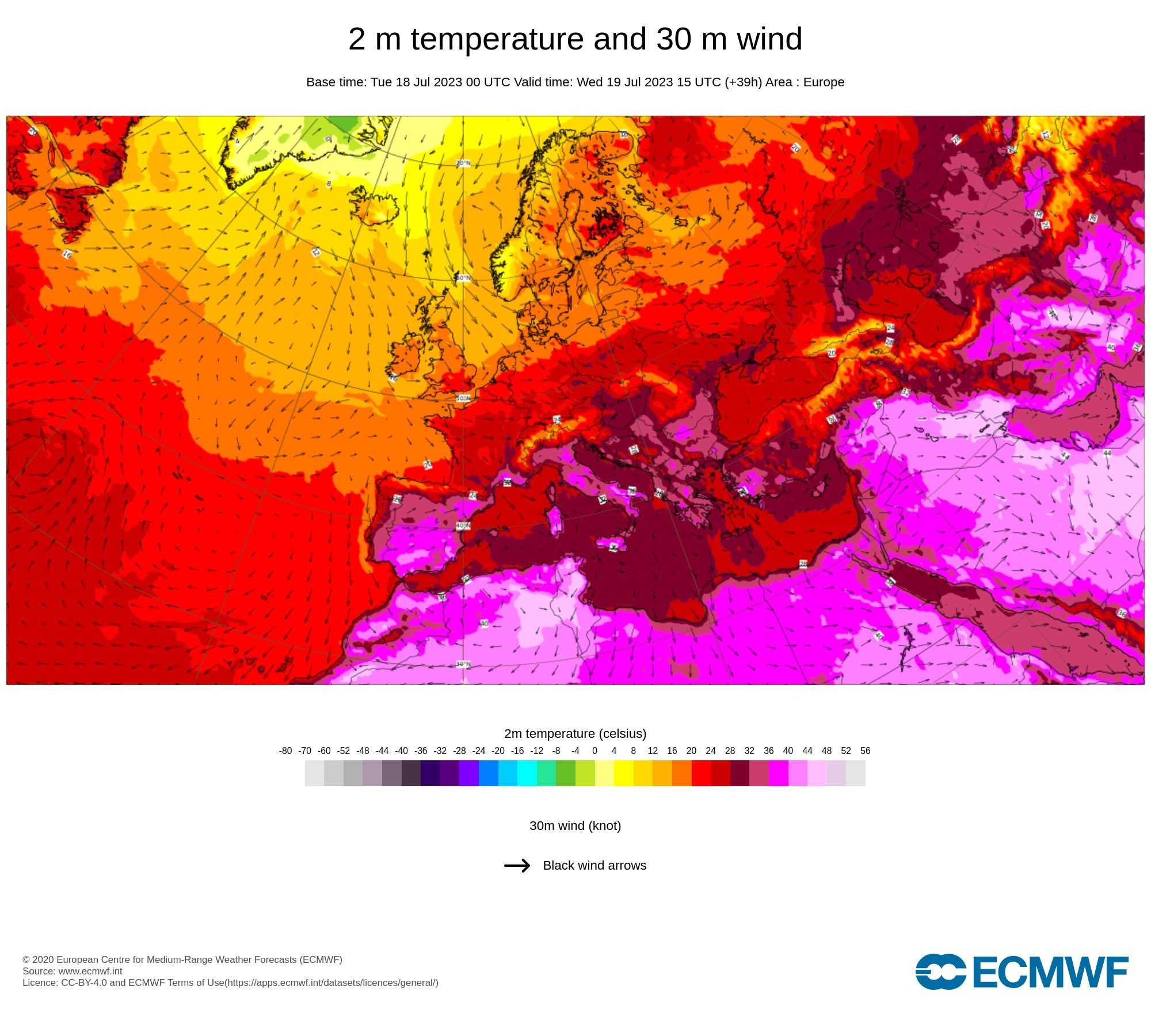 19 de julho de 2023: temperaturas às 16 horas (em Portugal continental)