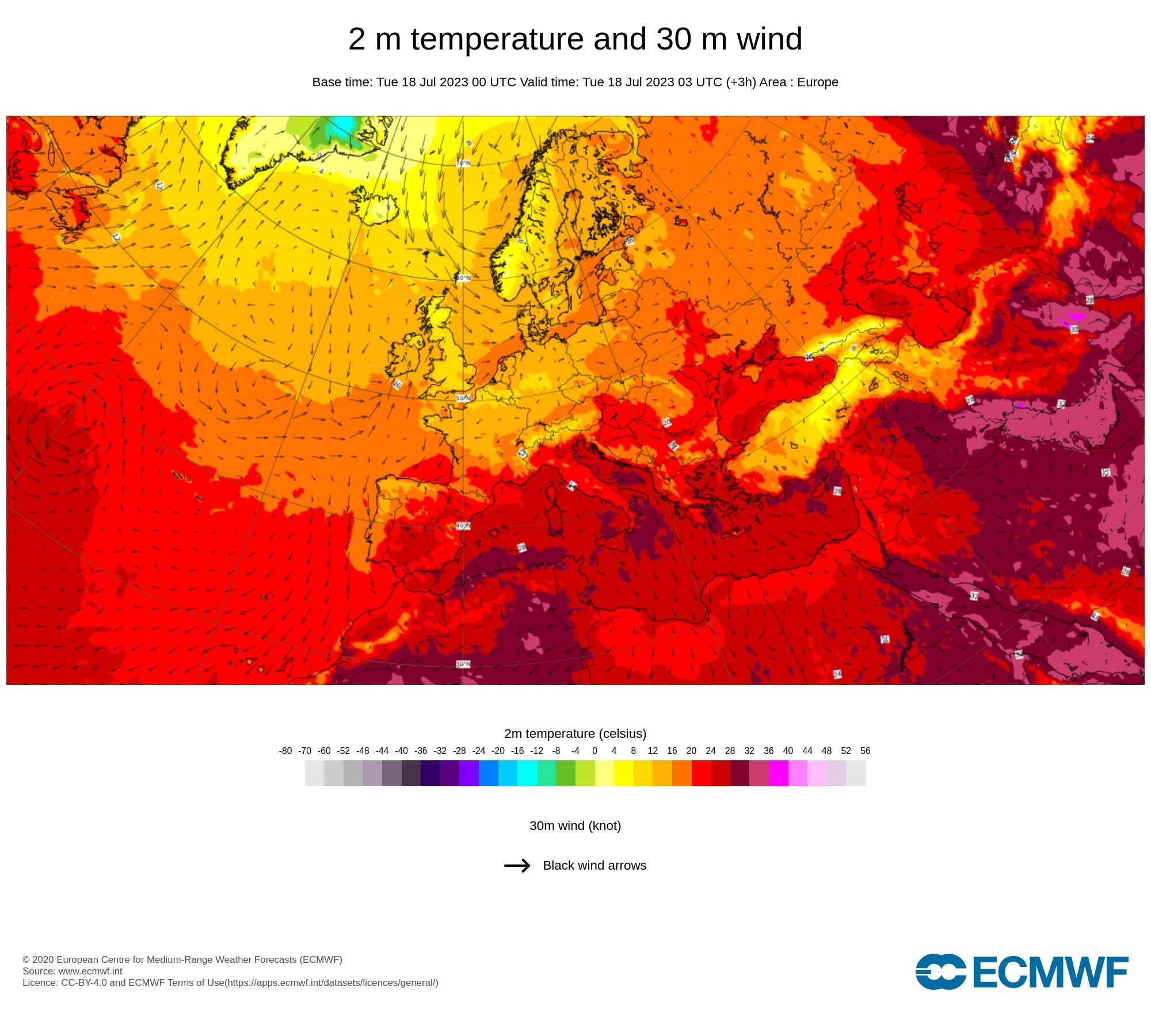 Temperaturas para terça-feira, 18 de julho de 2023, às 4 horas (em Portugal continental)