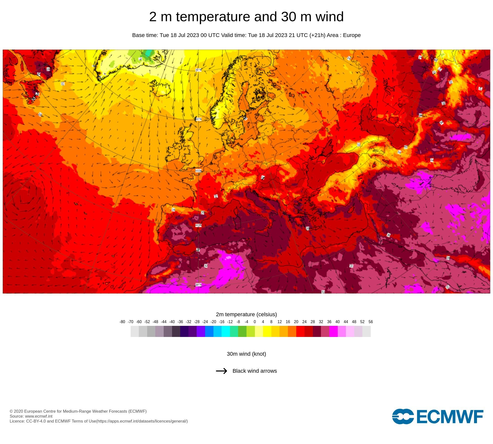 Temperaturas para terça-feira, 18 de julho de 2023, às 22 horas (em Portugal continental)