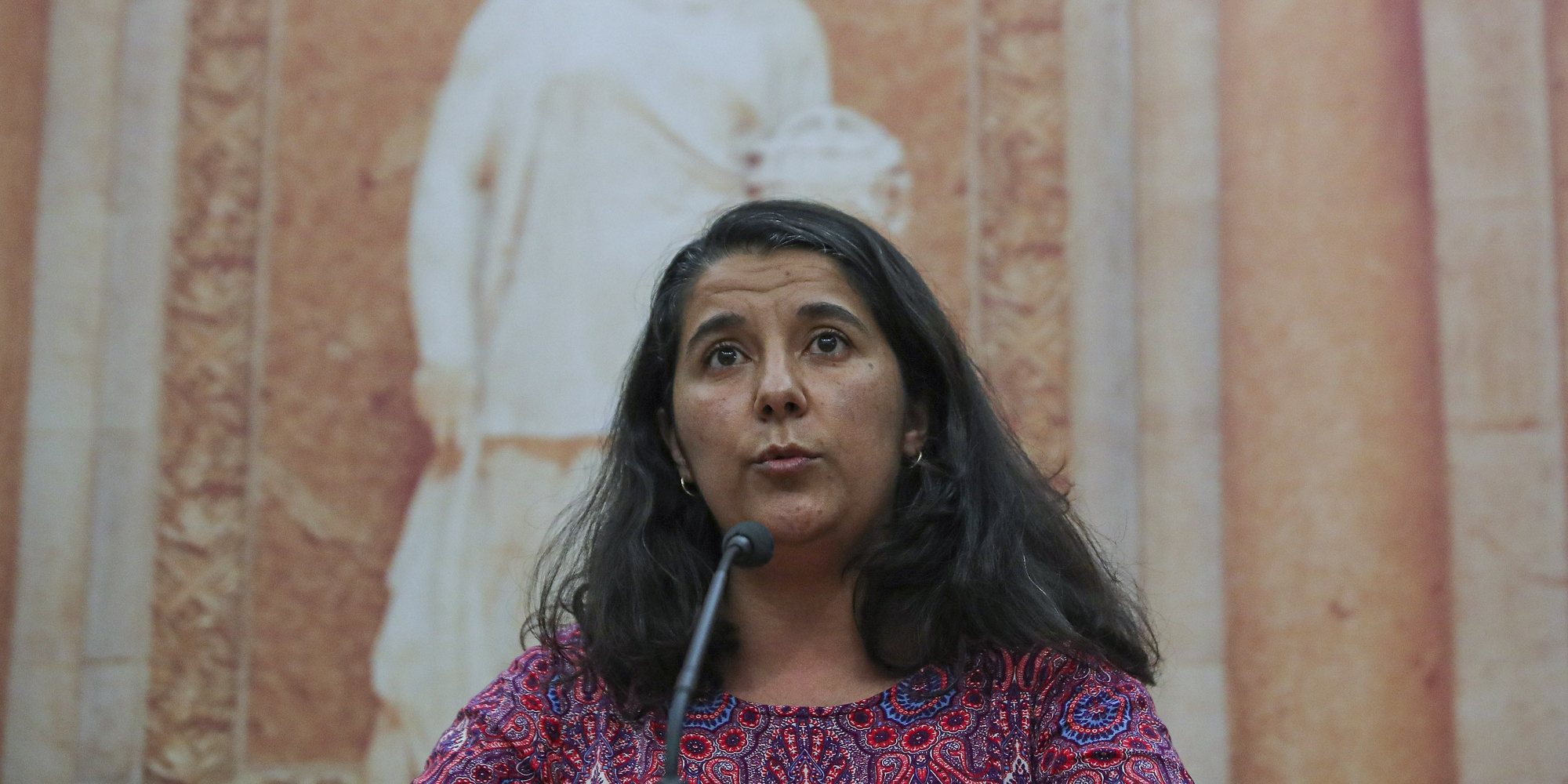 A líder parlamentar do Partido Comunista Português (PCP), Paula Santos, fala aos jornalista para divulgar a posição do partido quanto à sessão solene com o Presidente ucraniano, Volodymyr Zelensky, Assembleia da República, em Lisboa, 20 de abril de 2022. ANTÓNIO COTRIM/LUSA