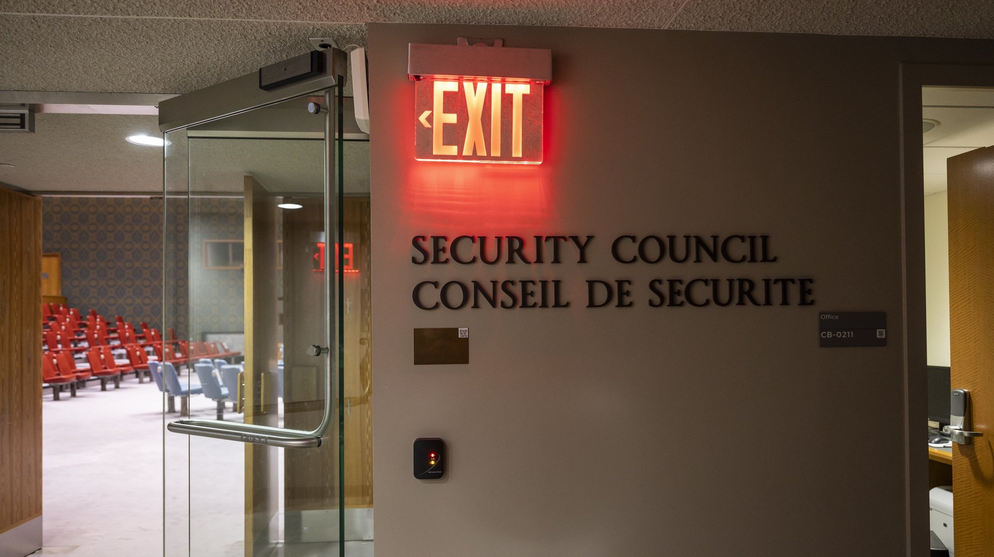 epa10000668 View of the entrance of the room of the United Nations Security Council, at the UN headquarters in New York, USA, 07 June 2022. The UN General Assembly will vote on membership for the Security Council for the period 2023-2024 on 09 June. Five member states, Ecuador, Japan, Malta, Mozambique, and Switzerland are currently running for the five available seats.  EPA/ALESSANDRO DELLA VALLE