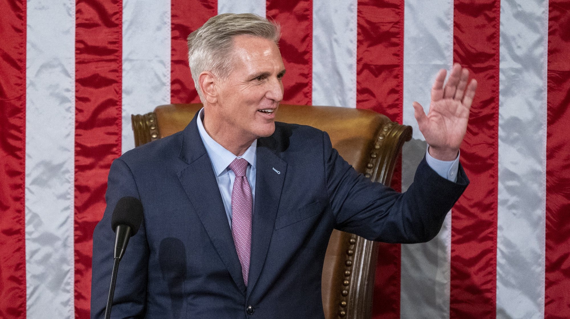 epa10393544 Speaker of the House Kevin McCarthy celebrates after he was sworn in following his victory in the House chamber on the fifth day of the House Speaker elections on Capitol Hill in Washington, DC, USA, 07 January 2023. McCarthy secured enough support to become House Speaker on the 15th vote by the House and on the fifth day of his bid; it is the longest speaker contest in the US in 164 years.  EPA/SHAWN THEW