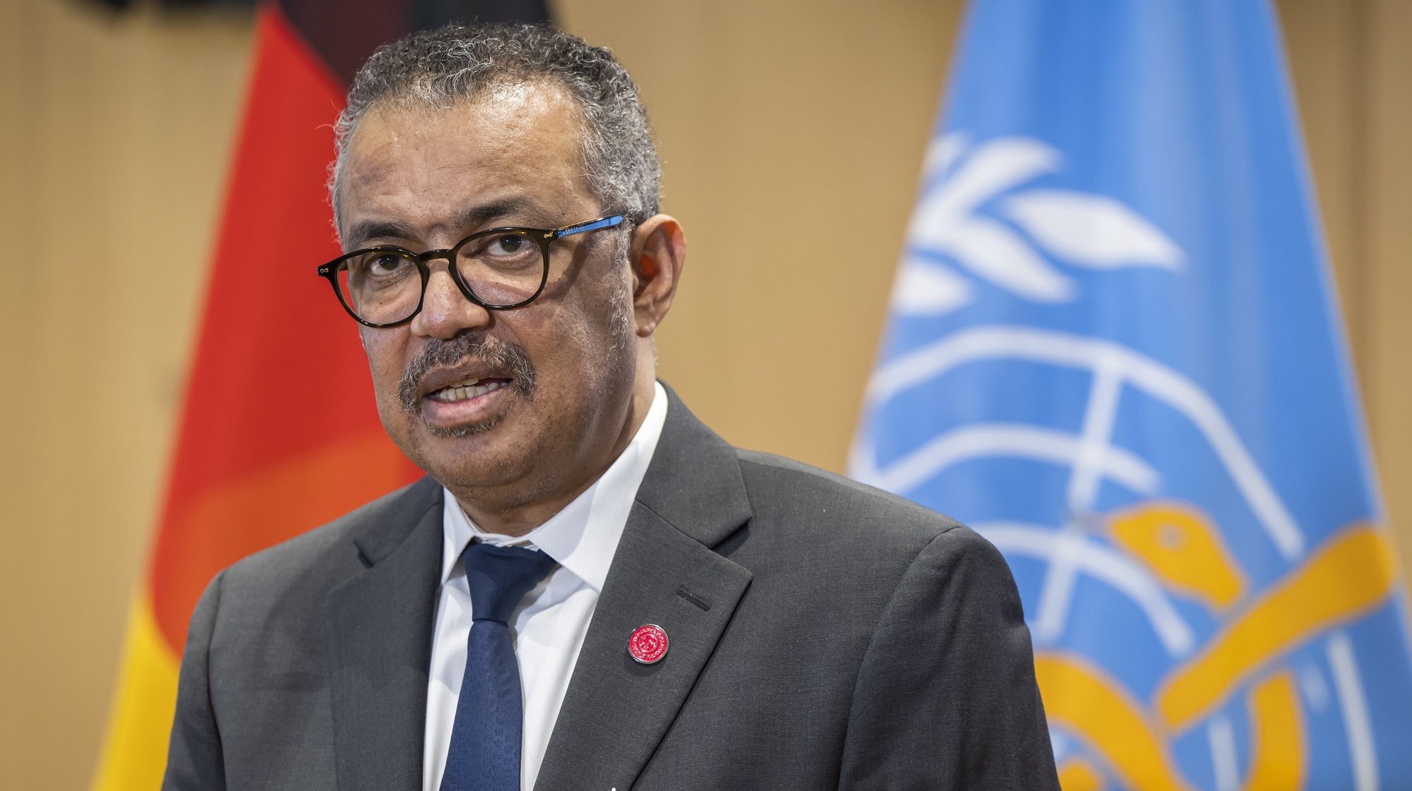 epa10444374 Tedros Adhanom Ghebreyesus, Director General of the World Health Organization (WHO), speaks to the media, during a press conference after a visit German Health Minister to the World Health Organization (WHO) headquarters in Geneva, Switzerland, 02 February 2023.  EPA/MARTIAL TREZZINI