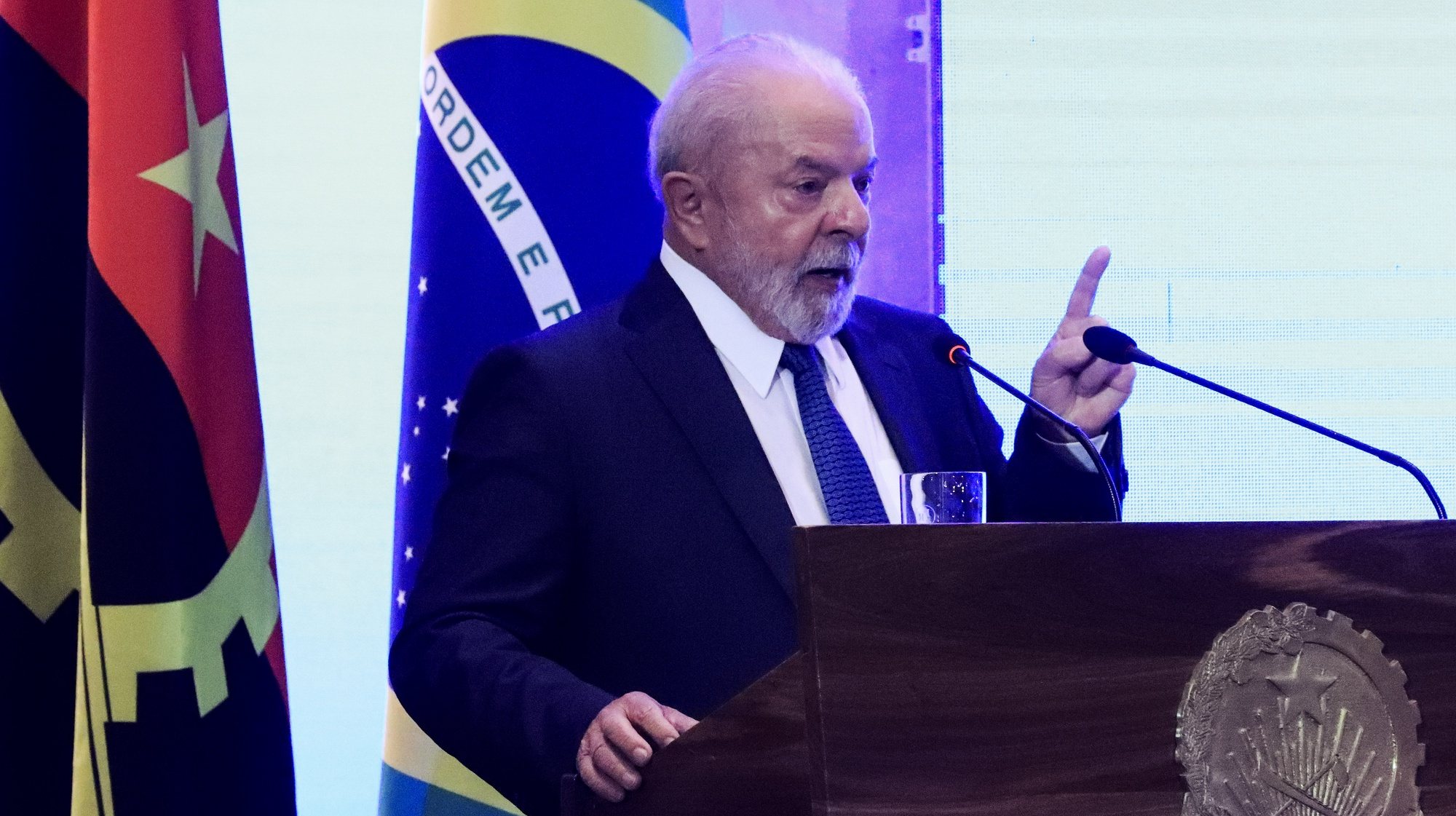 Brazil President Lula da Silva speaks during the closing session of the economic forum, in Luanda, Angola, 25th August 2023. AMPE ROGERIO/LUSA