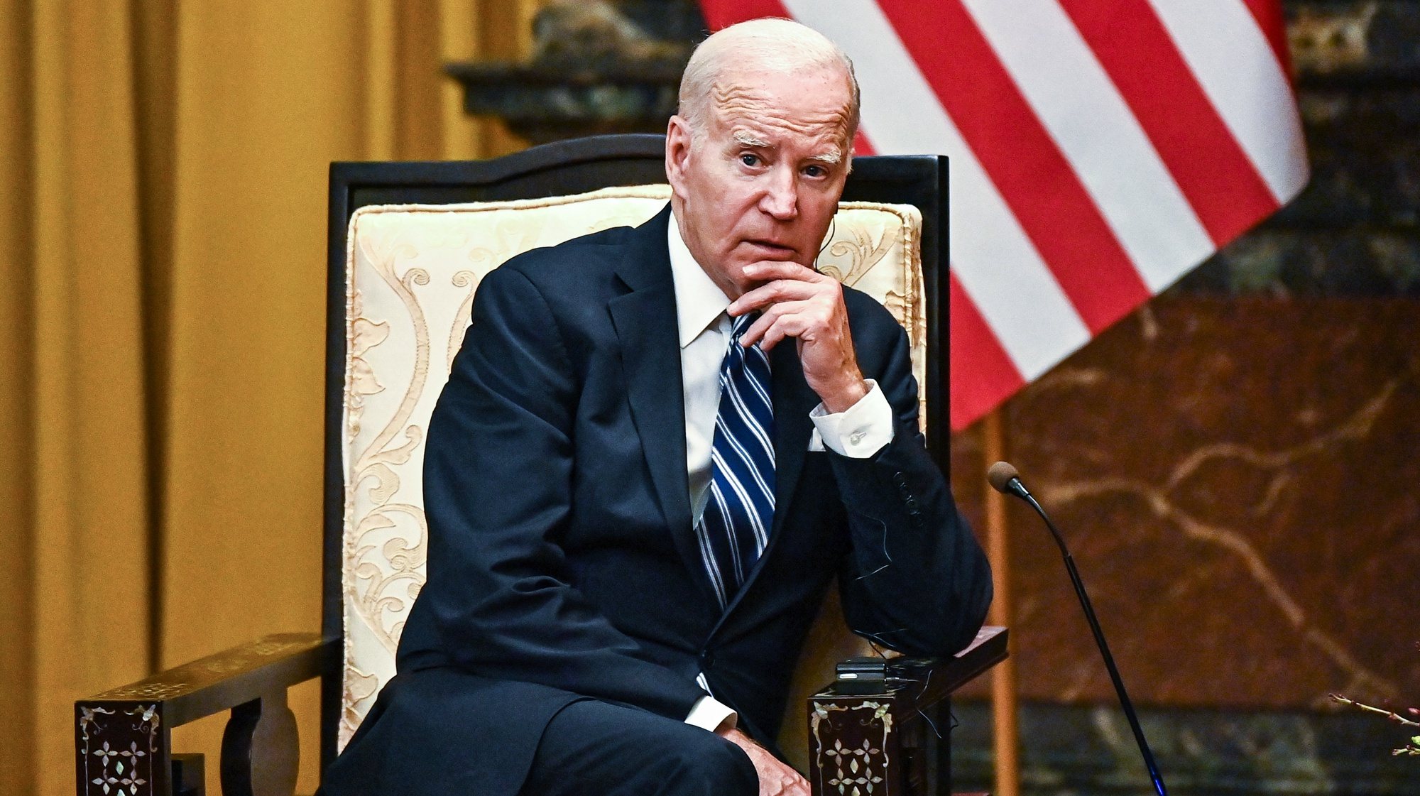 epa10855380 US President Joe Biden speaks during a meeting with Vietnam&#039;s President Vo Van Thuong(not pictured) at the Presidential Palace in Hanoi, Vietnam, 11 September 2023. Biden arrived in Hanoi after attending the Group of 20 summit in India.  EPA/NHAC NGUYEN / POOL